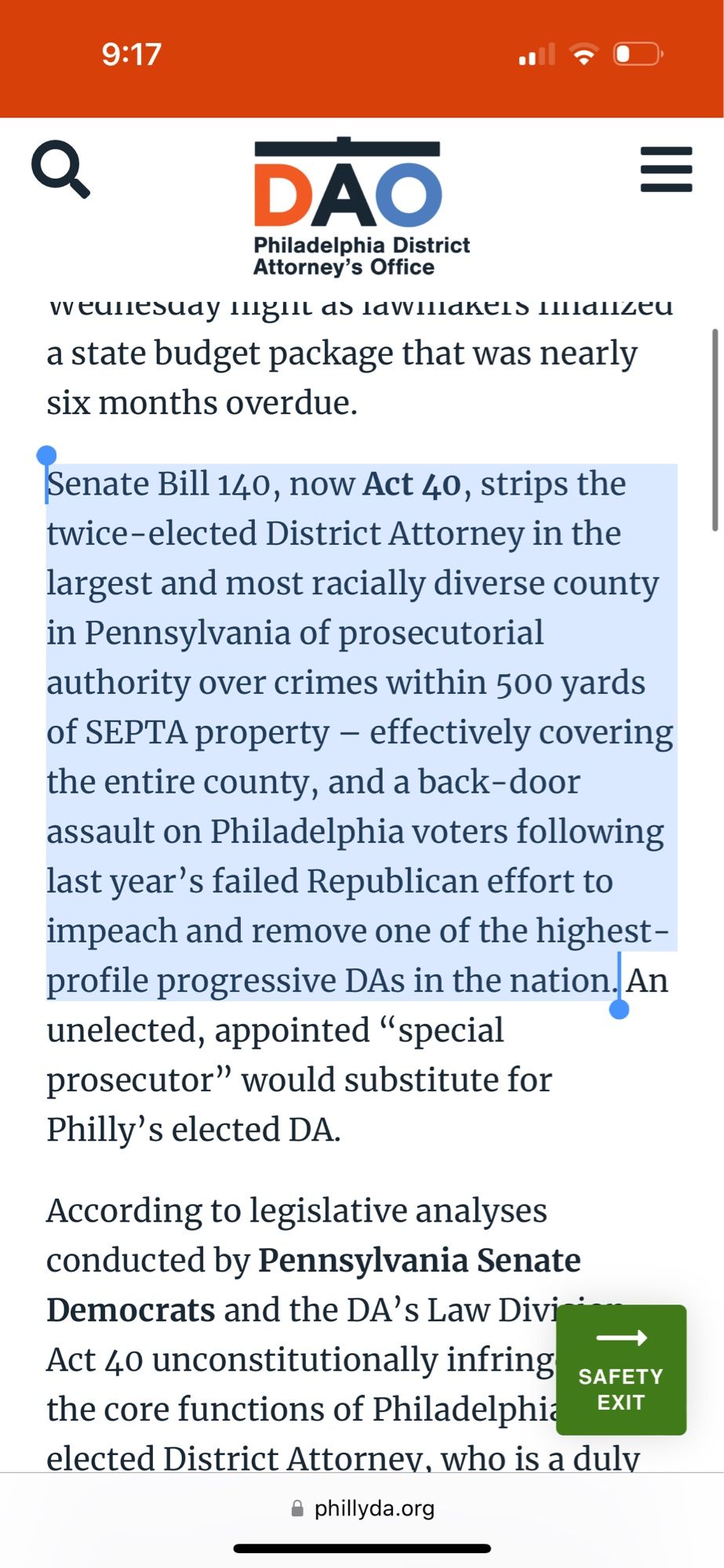 Senate Bill 140, now Act 40, strips the twice-elected District Attorney in the largest and most racially diverse county in Pennsylvania of prosecutorial authority over crimes within 500 yards of SEPTA property – effectively covering the entire county, and a back-door assault on Philadelphia voters following last year’s failed Republican effort to impeach and remove one of the highest-profile progressive DAs in the nation.