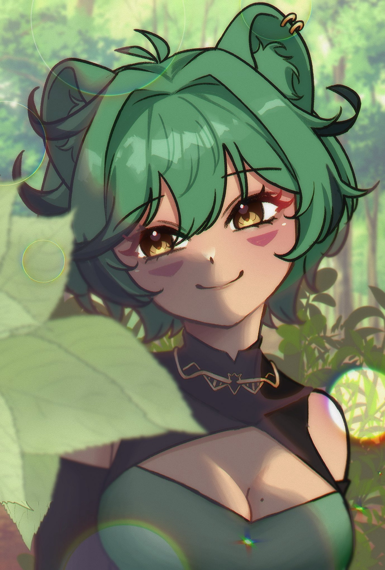 Yumi in the forest smiling at the viewer. It is a wholesome art created by Aradechu.
