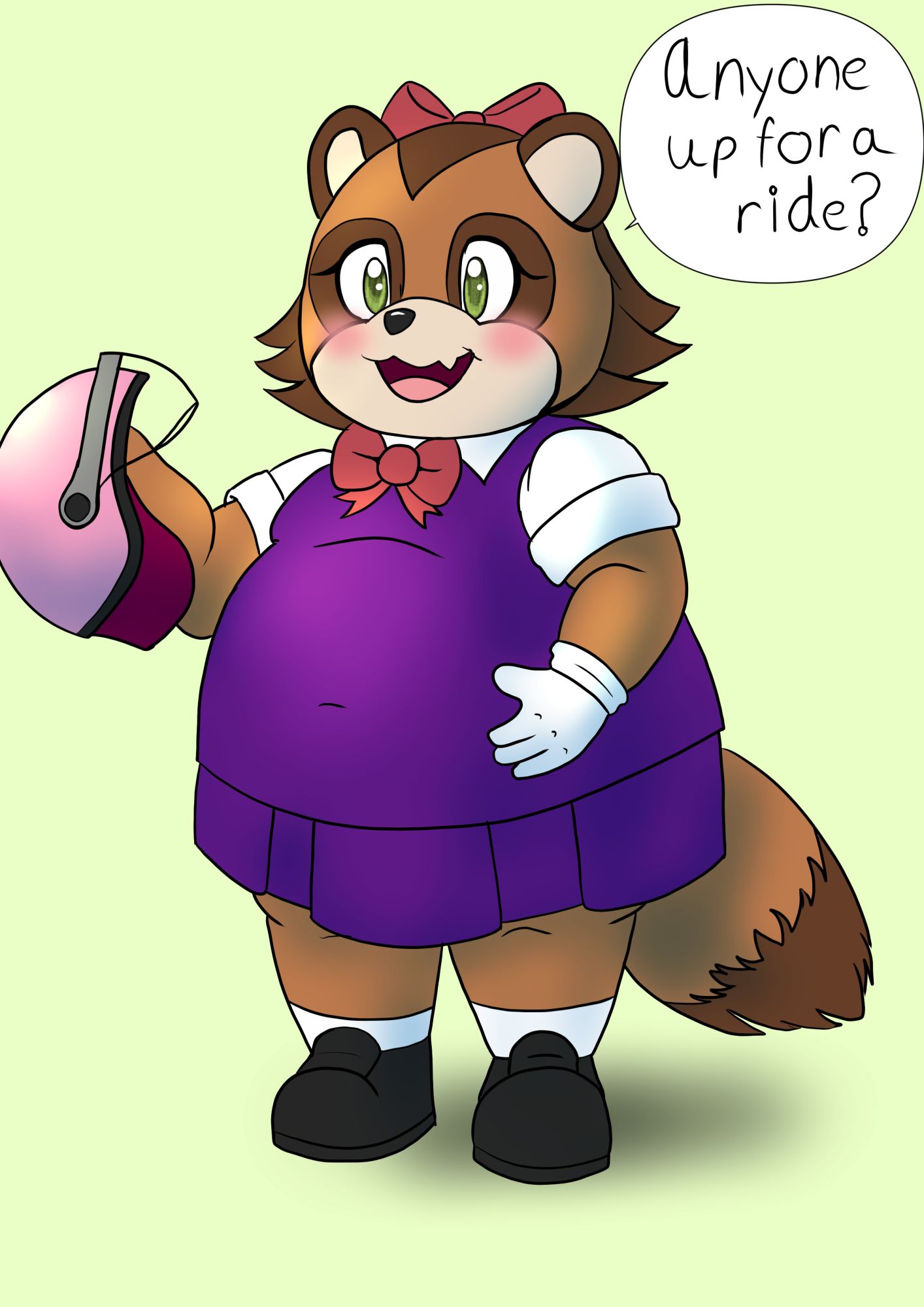 A fat tanuki sonic oc wearing a skirt and holding a moped helmet.