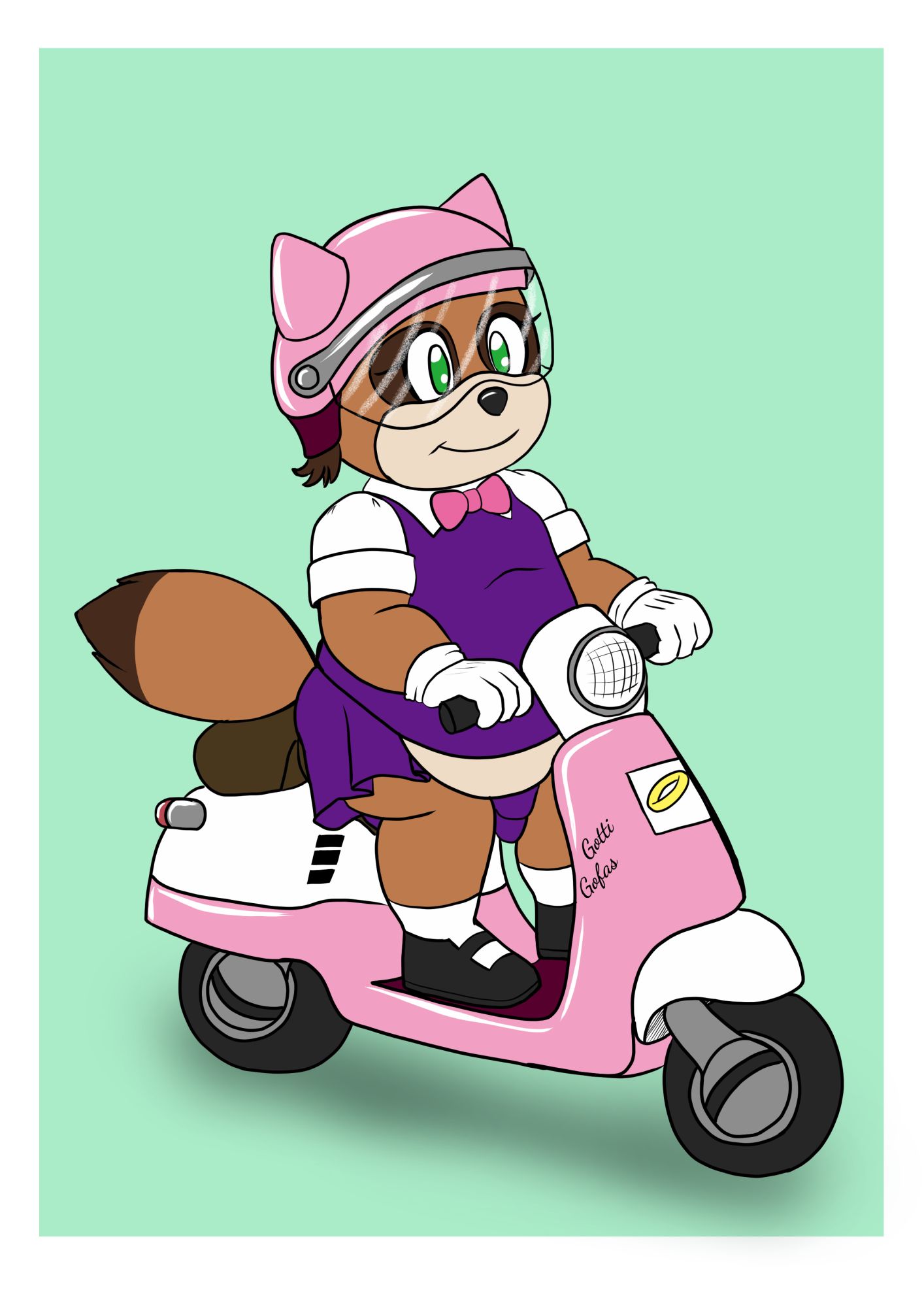 Fat mobian  tanuki character riding a pink moped