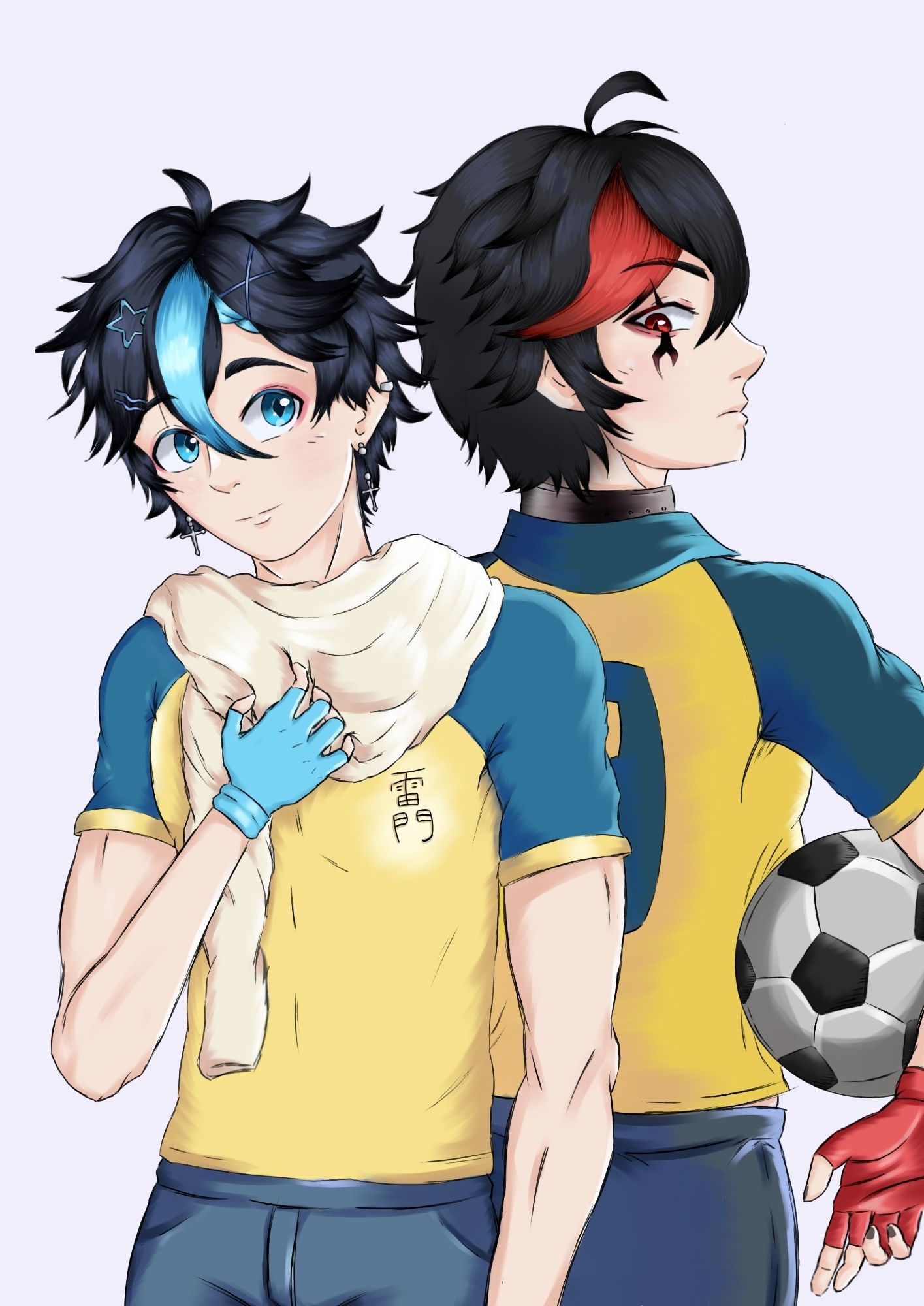 Arte baseada em personagens de Vtuber brasileiro, Pett Tâniun, dois irmão um de costas para o outro, um com mechas e olhos azuis e o outro com mecha e olhos vermelhos. Ambos vestindo o uniforme da escola Raimon, do anime Super Onze. Camisas amarelas, mangas e gola azuis.