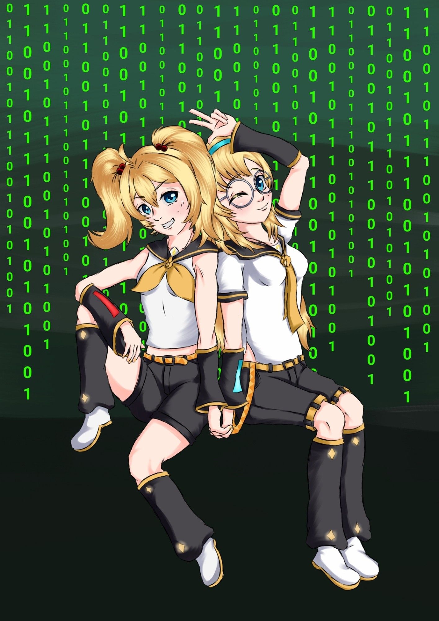 Fanart de Vtubers hackers da agência Neobaka, Momo e Mono Chan, gêmeas loiras de olhos azuis, tematizadas com as roupas dos gêmeos Vocaloid, roupas no estilo marinheiro, cenário de códigos.