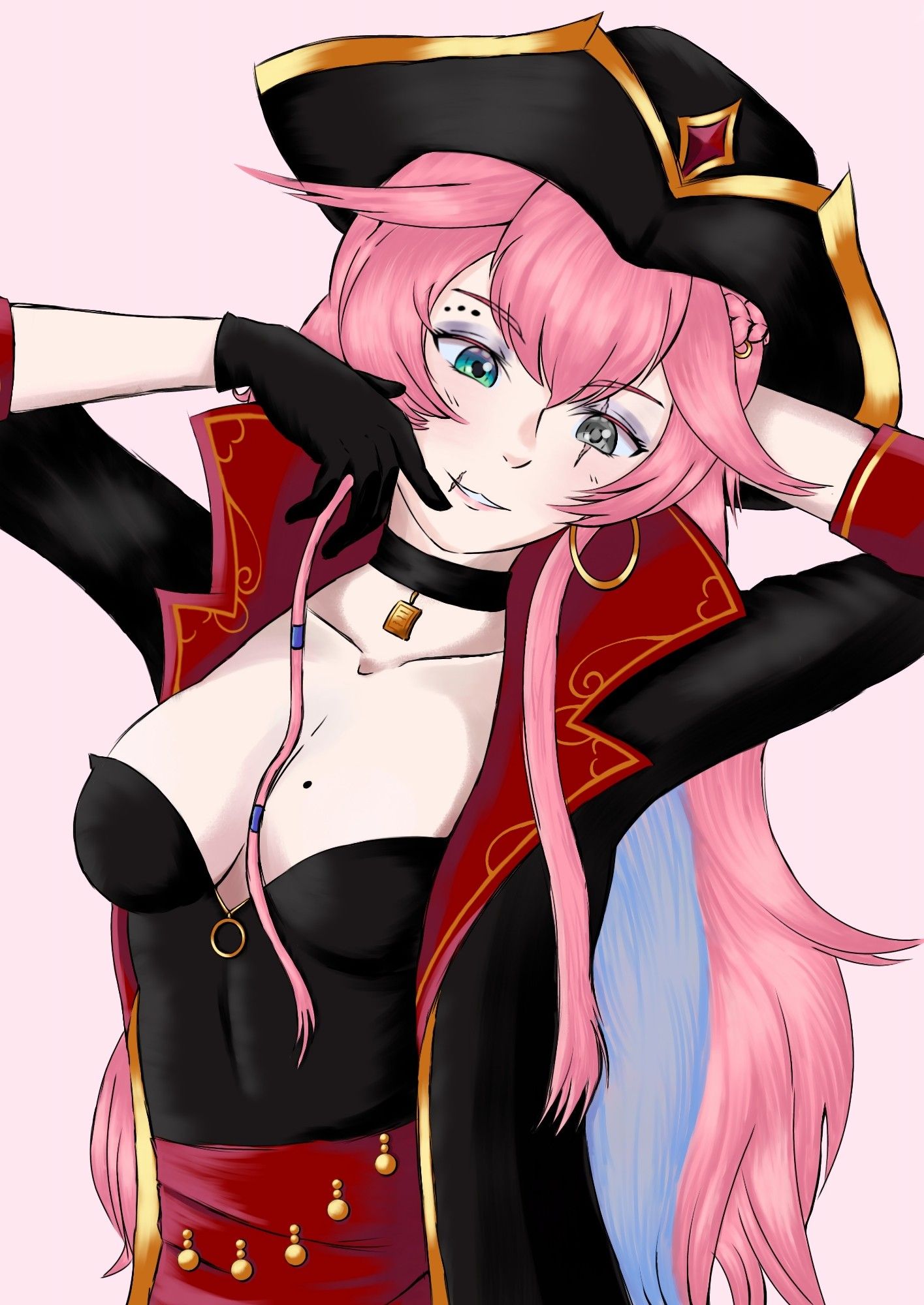 Arte baseada em Vtuber da agência brasileira Neobaka. Garota pirata, cabelos cor de rosa e azul, roupas pretas com detalhes em vermelho e dourado, cicatriz no olho esquerdo e no canto direito da boca. Olho da direita em tons de verde, ciano e rosa, e olho esquerdo em tons de cinza.