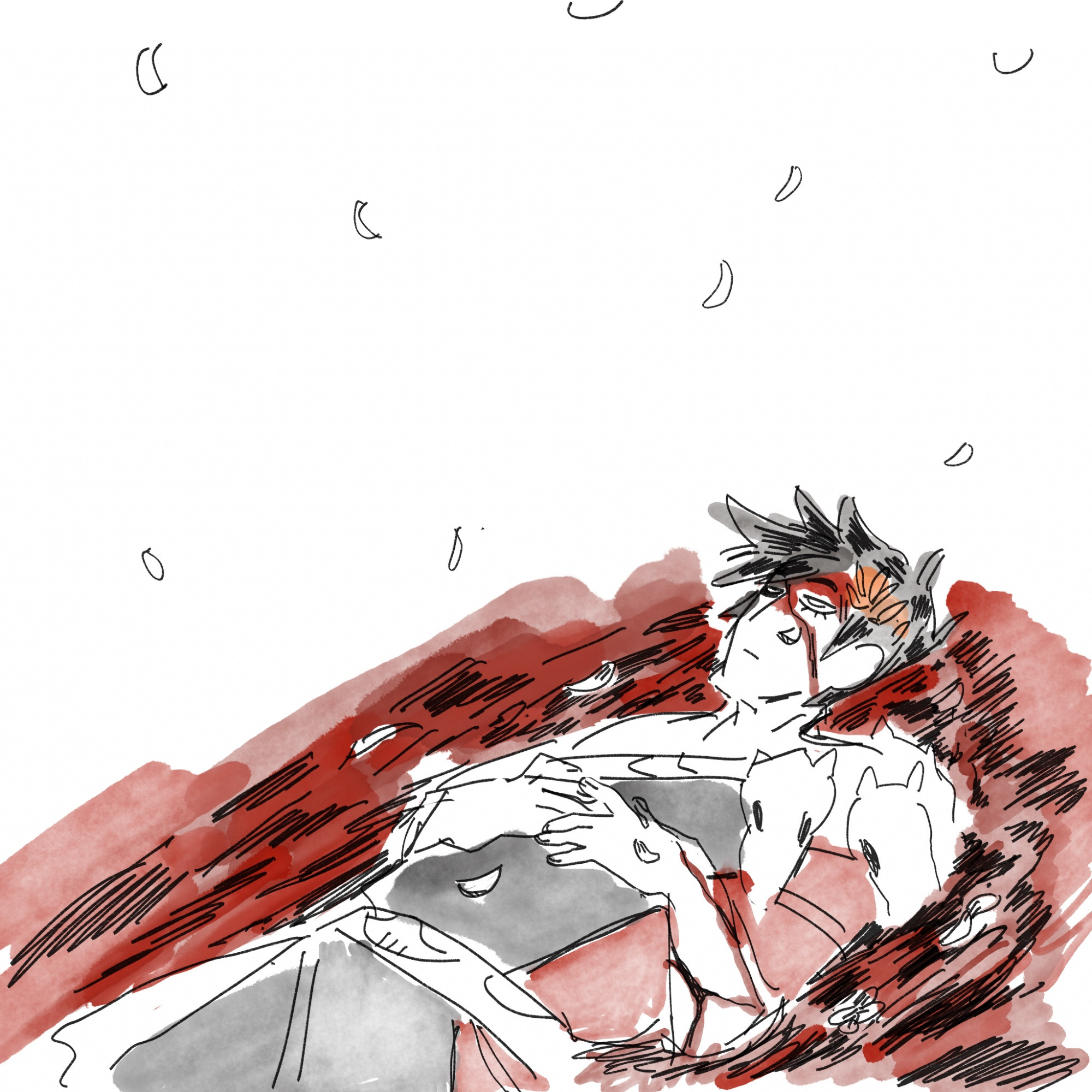 Zagreus from the game Hades, laying in the Pool of Styx whilst petals slowly fall from above. He is not pleased.