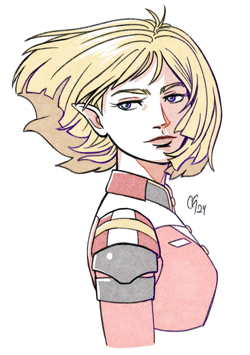 Sayla Mass from Gundam but with elf ears. She has a wistful expression on her face.