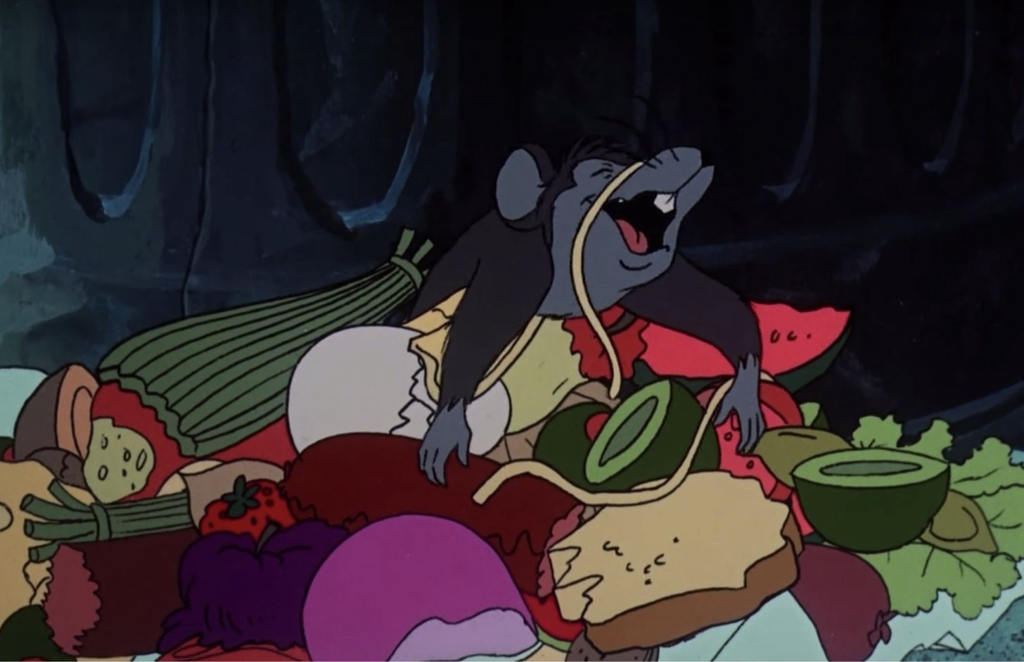 OK, it’s actually Templeton the rat from the animated Charlotte’s Web, gorged and sated from his self-indulgent feast of garbage.