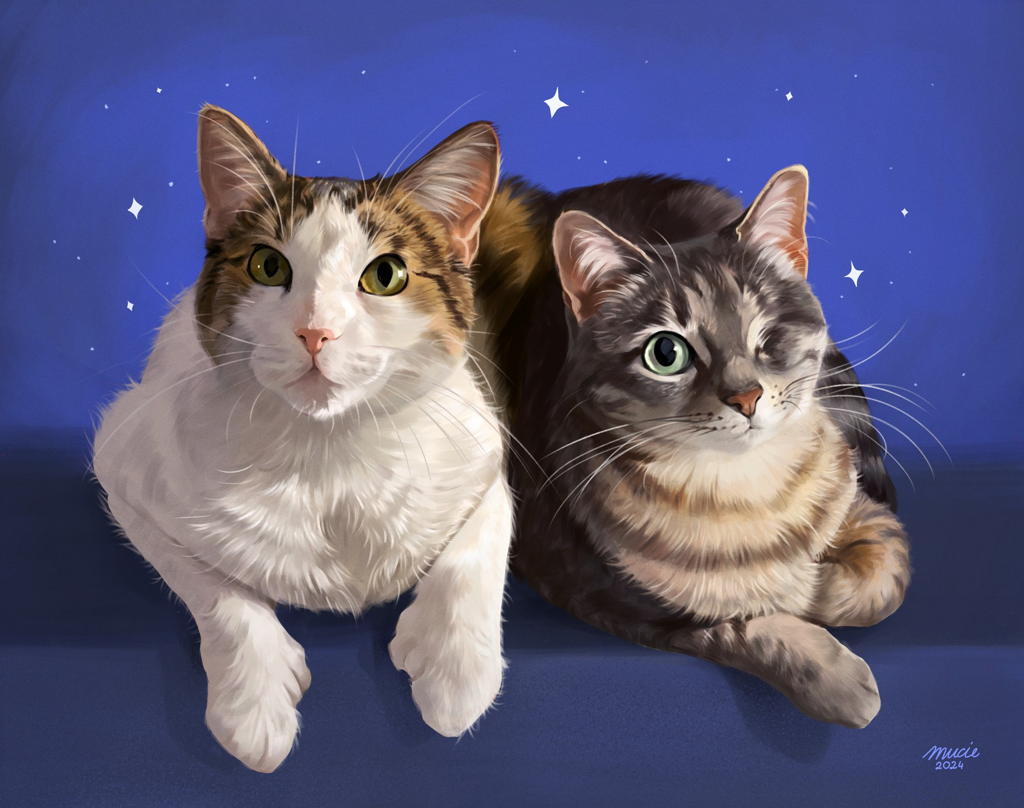 Two cute cats, a female who is mostly white with tabby markings on her head. She's next to a male one-eyed grey tabby. They're on a blue background.