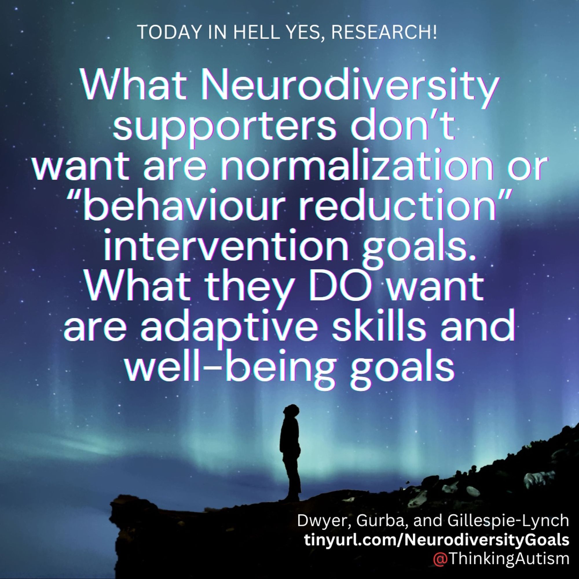 Square graphic with background featuring the Northern or Southern Lights, and a silhouetted adult with short hair, in profile, standing on a cliff and looking up at the sky.

White all caps text at the top reads, "Today in hell yes, research!"

Next, white text reads, "What Neurodiversity supporters don’t want are normalization or “behaviour reduction” intervention goals. What they DO want 

are adaptive skills and well-being goals"

In the lower right corner is white text reading, "Dwyer, Gurba, and Gillespie-Lynch, tinyurl.com/NeurodiversityGoals, @ThinkingAutism". In the latter the "@" is red.