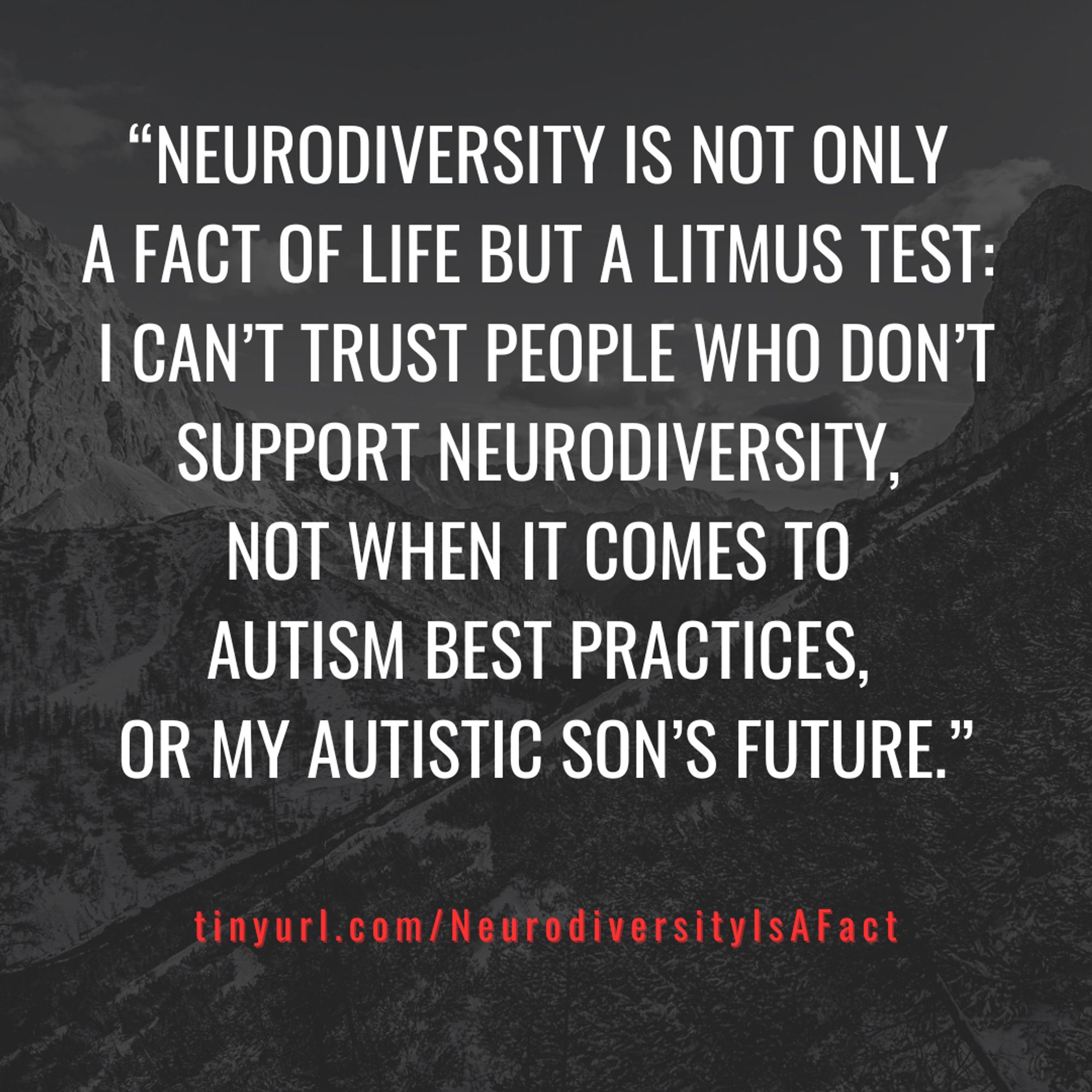 Square graphic with a black-filtered photo of a snowy mountain pass.

White all-caps text reads, "Neurodiversity is not only a fact of life but a litmus test: I can’t trust people who don’t support neurodiversity, not when it comes to autism best practices, or my son’s future."

Underneath, red text reads, "tinyurl.com/NeurodiversityIsAFact"