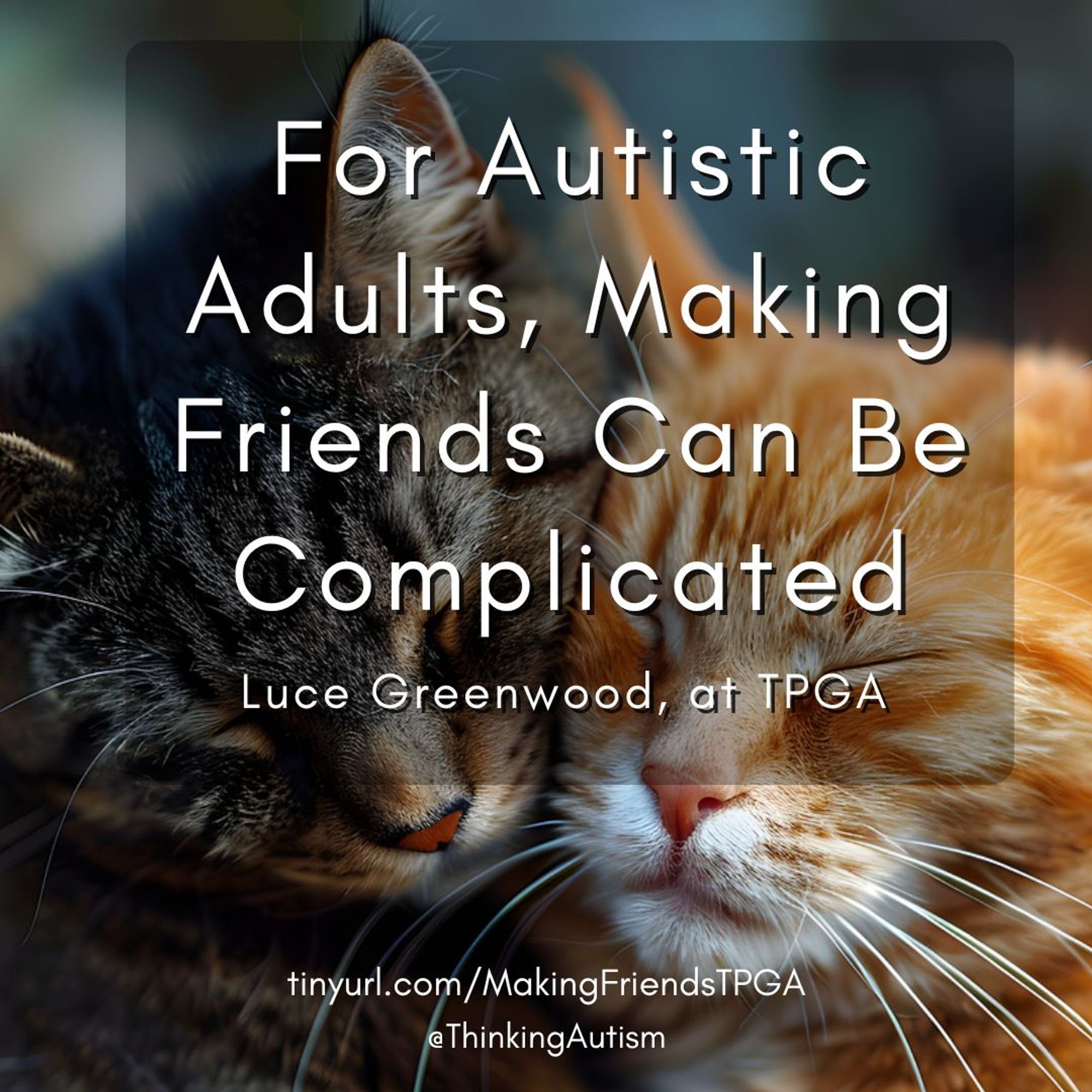 Square graphic with a background photo of two short-haired tabby cats snuggling with their eyes closed. The cat on the left is brown and the cat on the right is a ginger.

Overlaid white text reads, "For Autistic Adults, Making Friends Can Be Complicated. Luce Greenwood, at TPGA."

Smaller white text at the bottom reads, "tinyurl.com/MakingFriendsTPGA @ThinkingAutism".