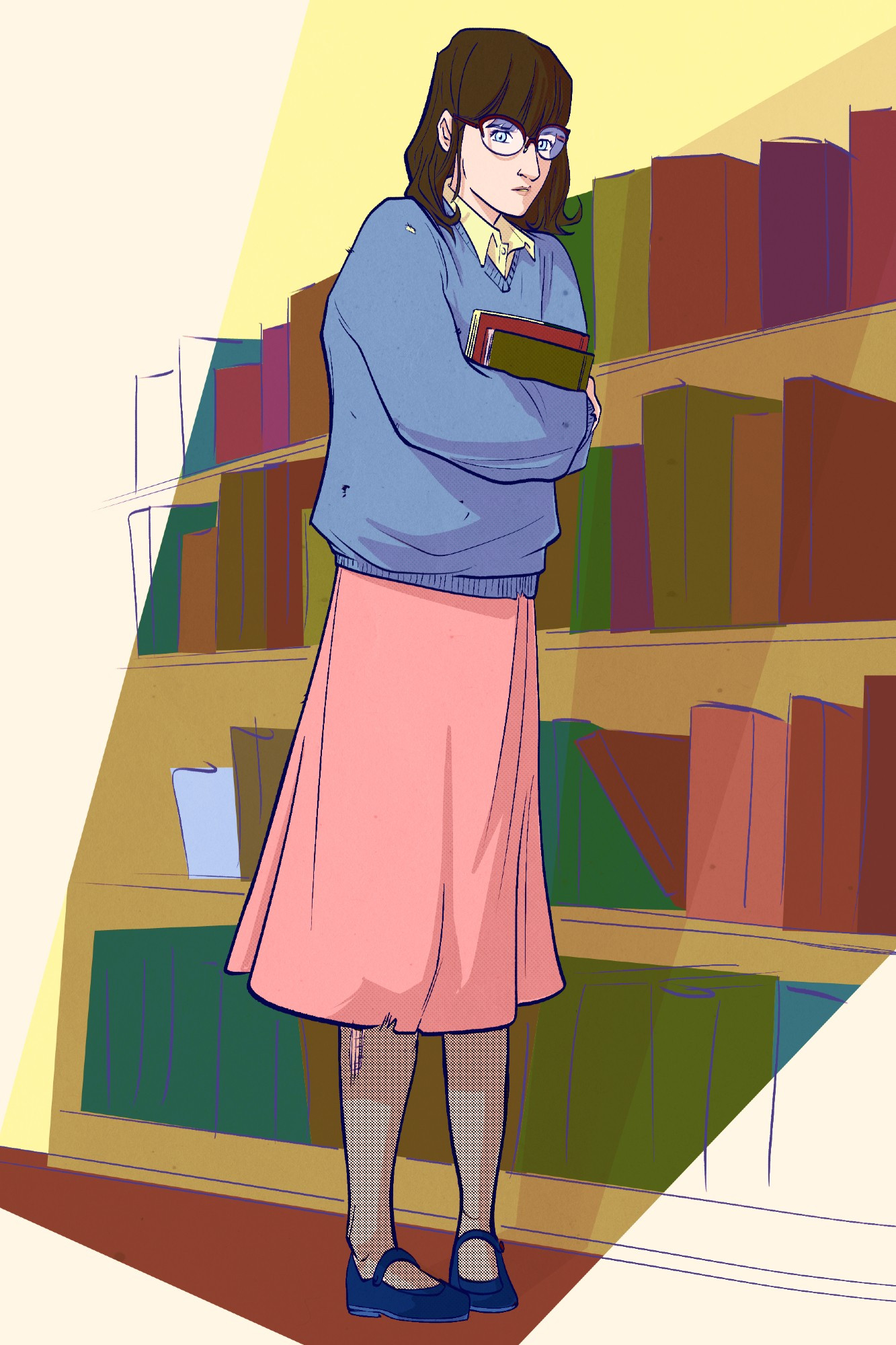 A nervous woman holding a book