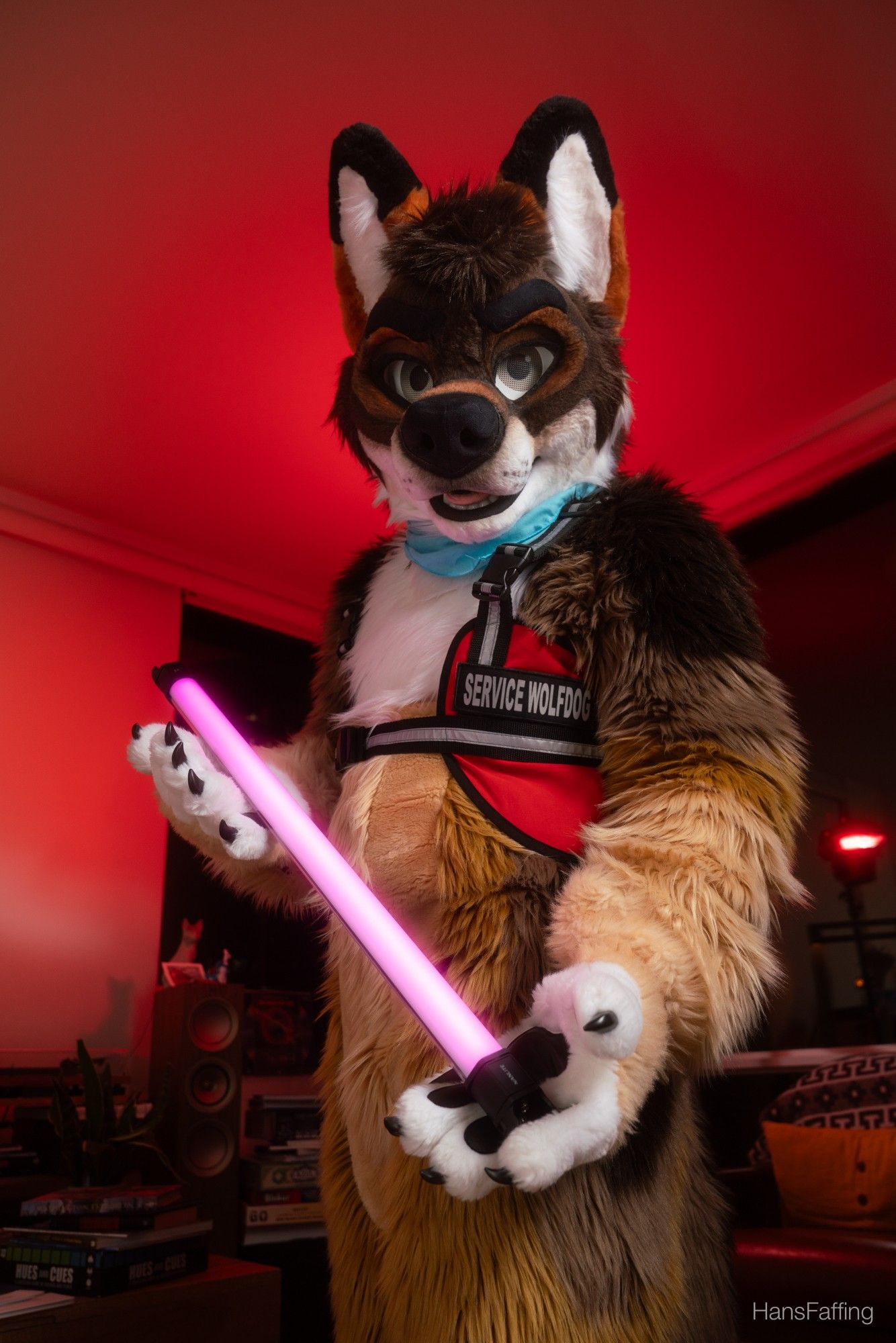 hans fursuit is in a service dog vest that says "Service Wolfdog" and is holding and offering a video light bar