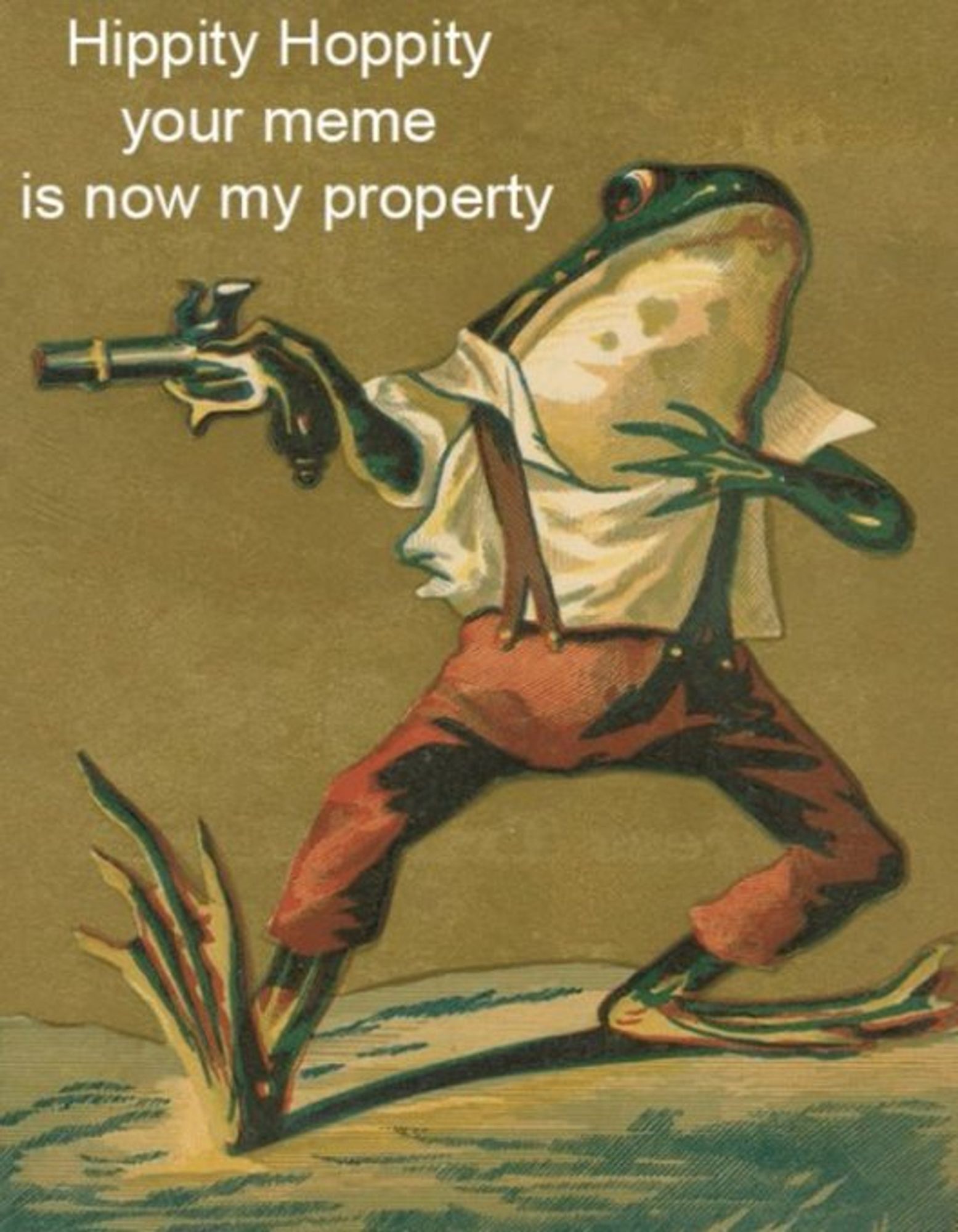 A roguish looking frog stands on its hind legs pivoted on its back foot.  It wears reddish brown pants, a white shirt, and brown suspender straps.  With a sidelong glance and a flintlock pistol pointed outward in its hands, white text over the frog reads "Hippity Hoppity your meme is now my property."