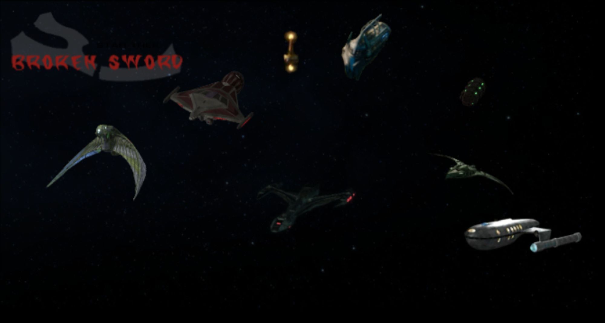 The Yan, a Klingon Raptor class vessel, faces forward alongside various other space craft of various makes, all near a beacon at the start of a race circuit in deep space. A logo with a Mek'leth broken at the hilt is in the top-left corner with the words "Star Trek Broken Sword"