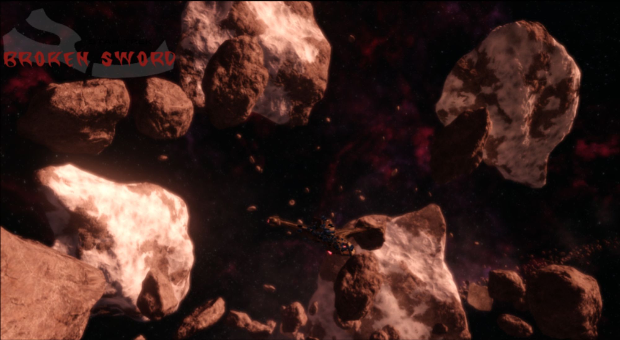 The Yan, a Klingon Raptor class vessel, is in a thick asteroid field.  Purple-blue tinged rock fragments cling to the hull and imperil their progress. A logo with a Mek'leth broken at the hilt is in the top-left corner with the words "Star Trek Broken Sword"