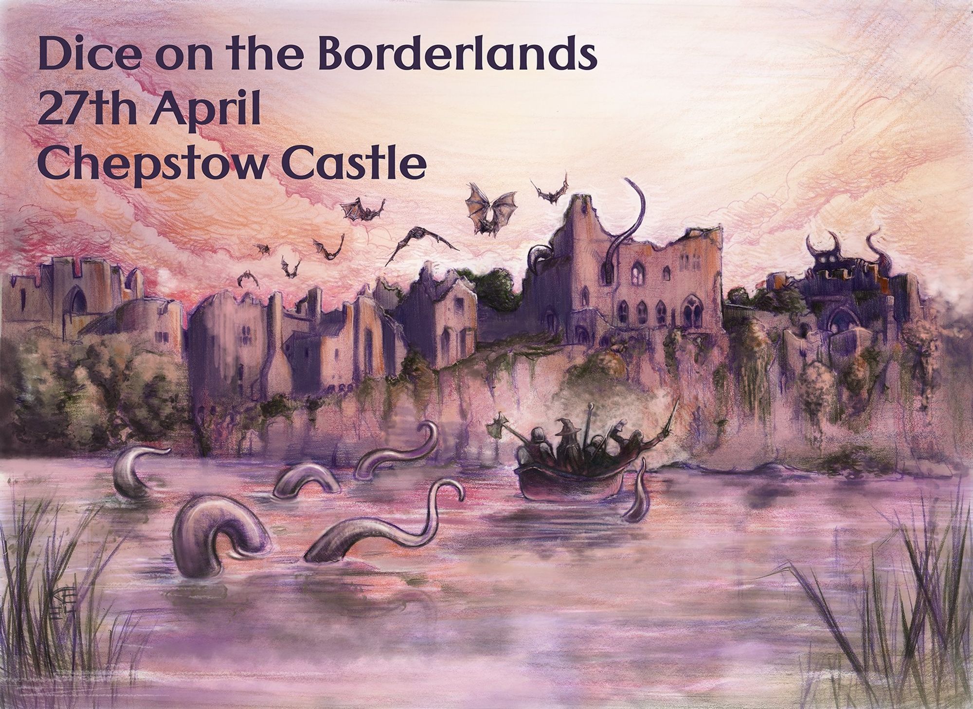 A painting depicting a band of adventures approaching a tentacle-laden Chepstow Castle by boat. Art copyright of Kaye Elling.