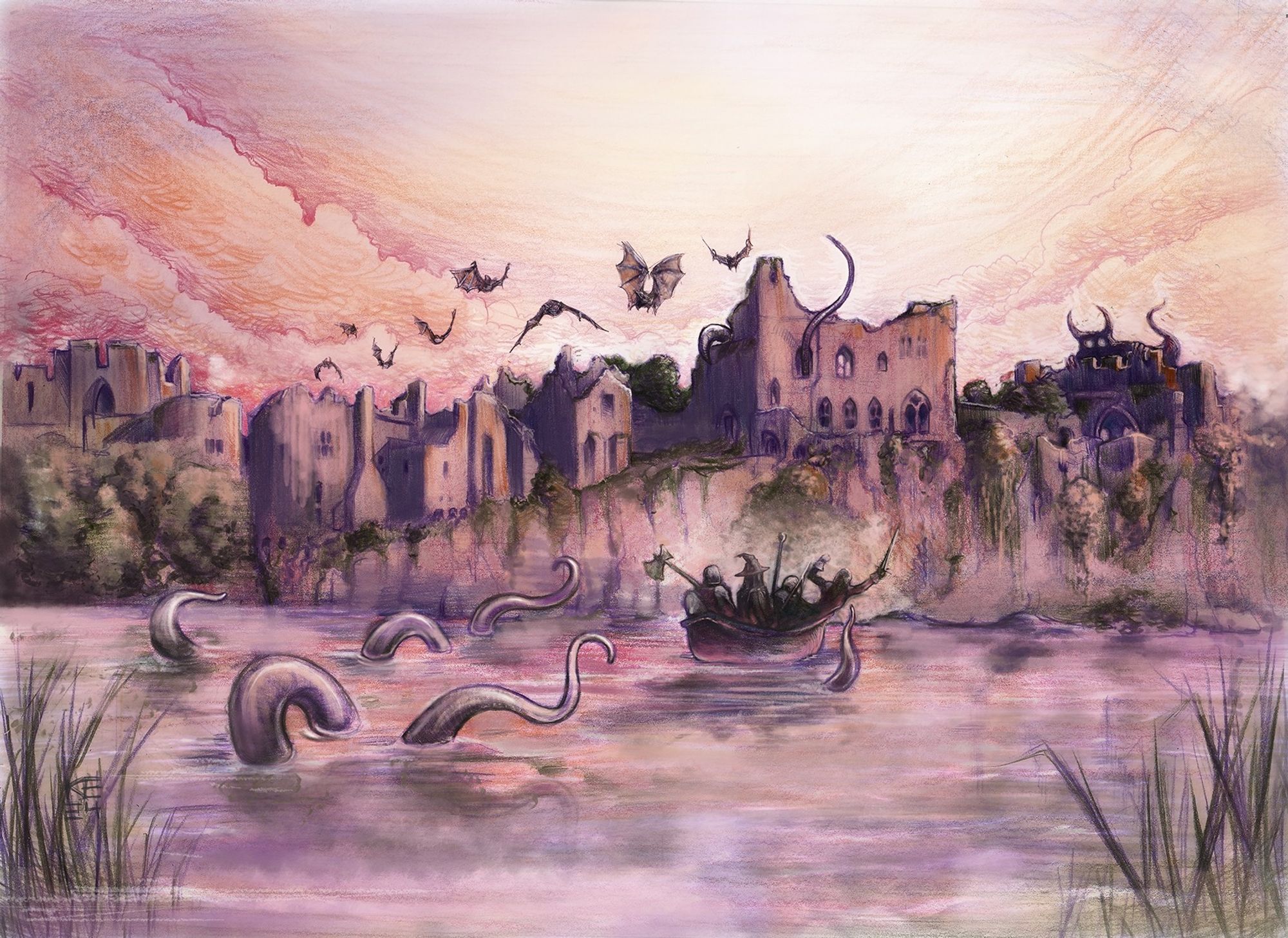 The Dice on the Borderlands artwork by Kaye - a betentacled Chepstow castle being approached by boat by a small group of fantasy heroes.  Bats fly above and a demon looks on from a high tower.