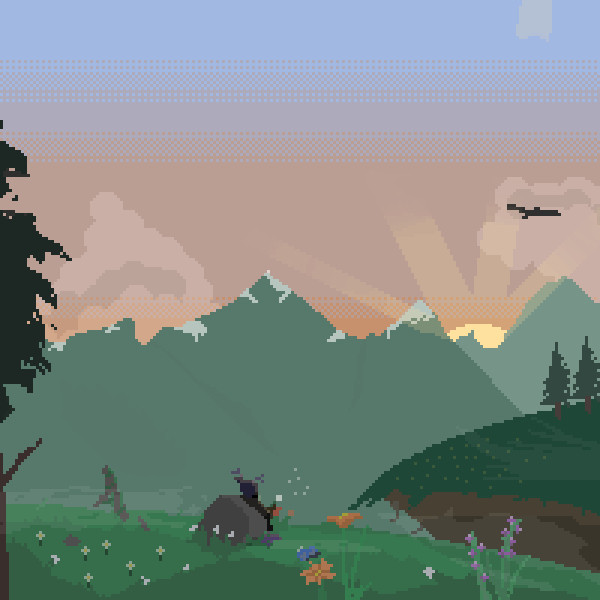 Pixel art of a sunrise in the mountains, creature blows dandelions on the wind