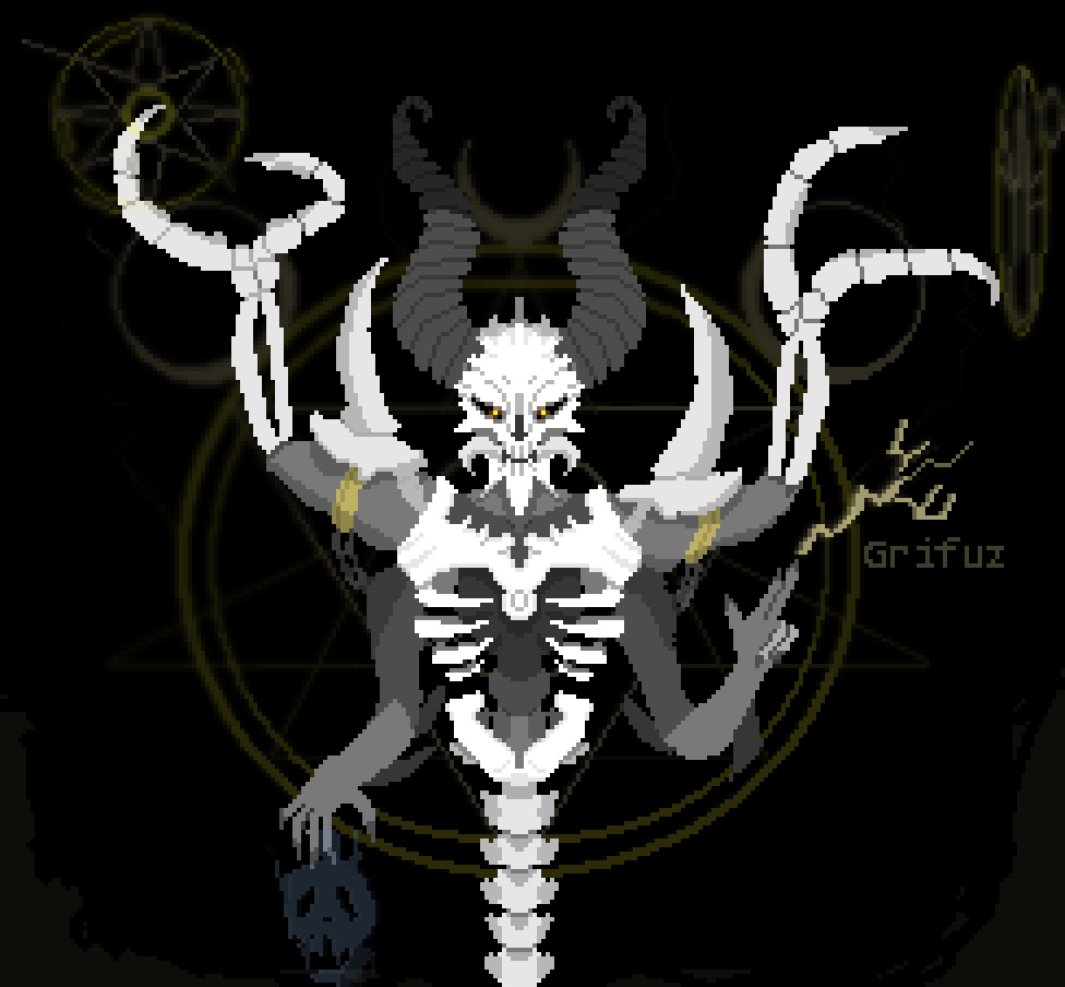 Pixel art image of Mephisto from Diablo, colored in black, white, and shades of yellow.