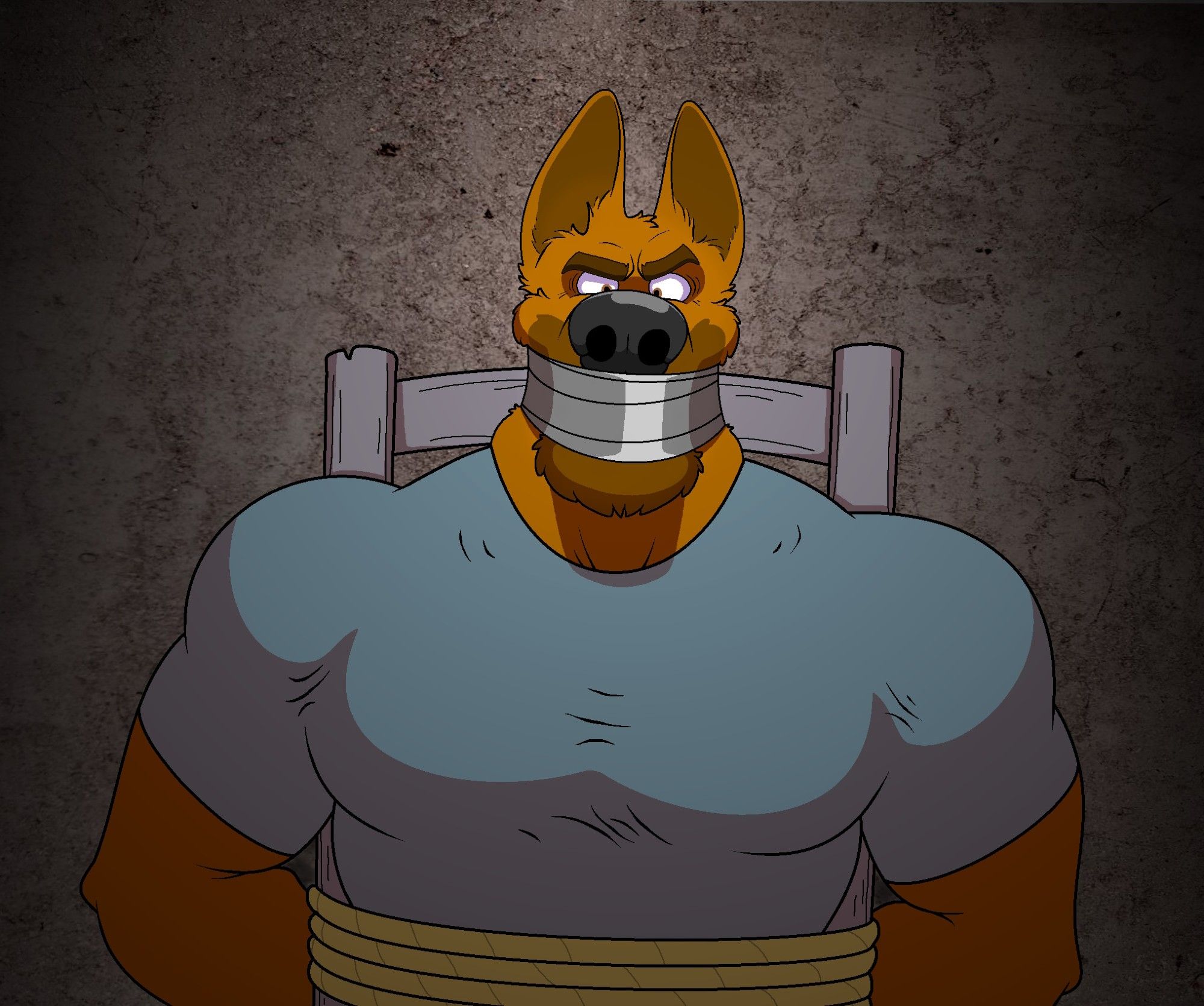 A muscular anthropomorphic German shepherd man tied to a chair and gagged with duct tape in a dark basement.