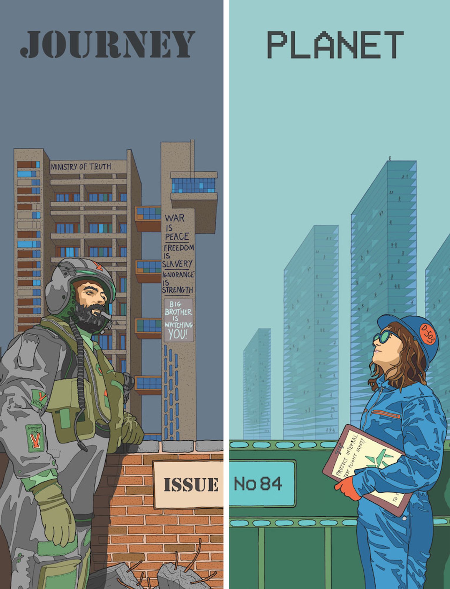 The cover of Journey Planet 84 features workers in two versions of a city. One version where workers are exploited, the other where they have rights.