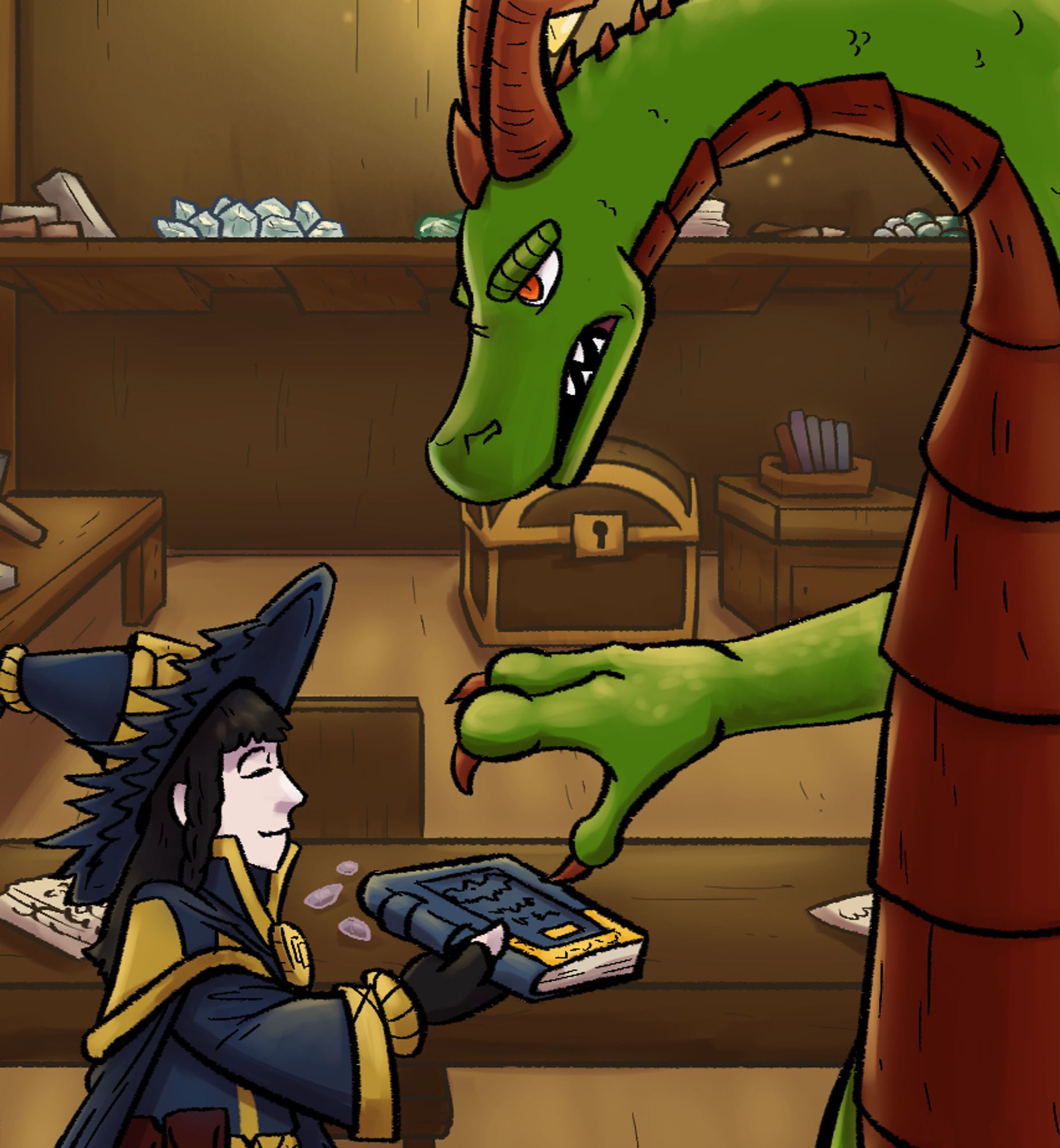 Preview of a Splitting Image comic page. A dragon hands a book over to a happy wizard, with an annoyed expression.