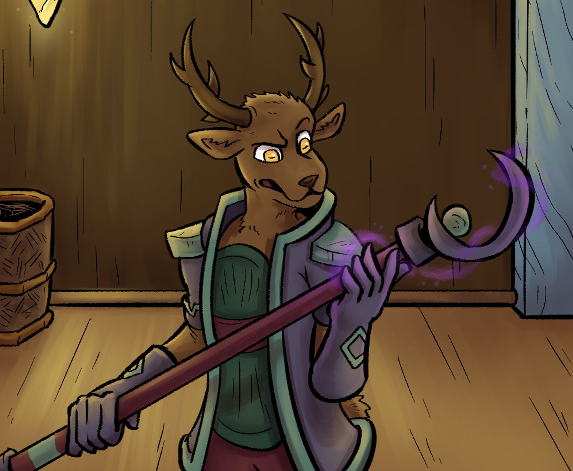 Crop of a Splitting Image webcomic page. A deer person inspects a magical staff with an expression of disbelief.