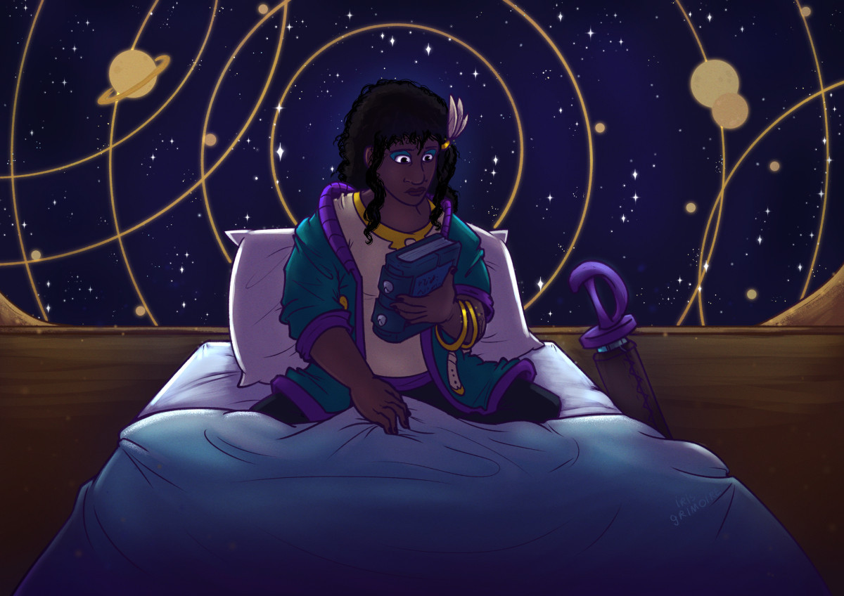 Digital illustration of a black woman sitting criss-cross on a bed. She looks at a closed book with a pensive expression. Behind her, the wall has a very elaborate astronomy chart design, the glow of the night sky framing her head.