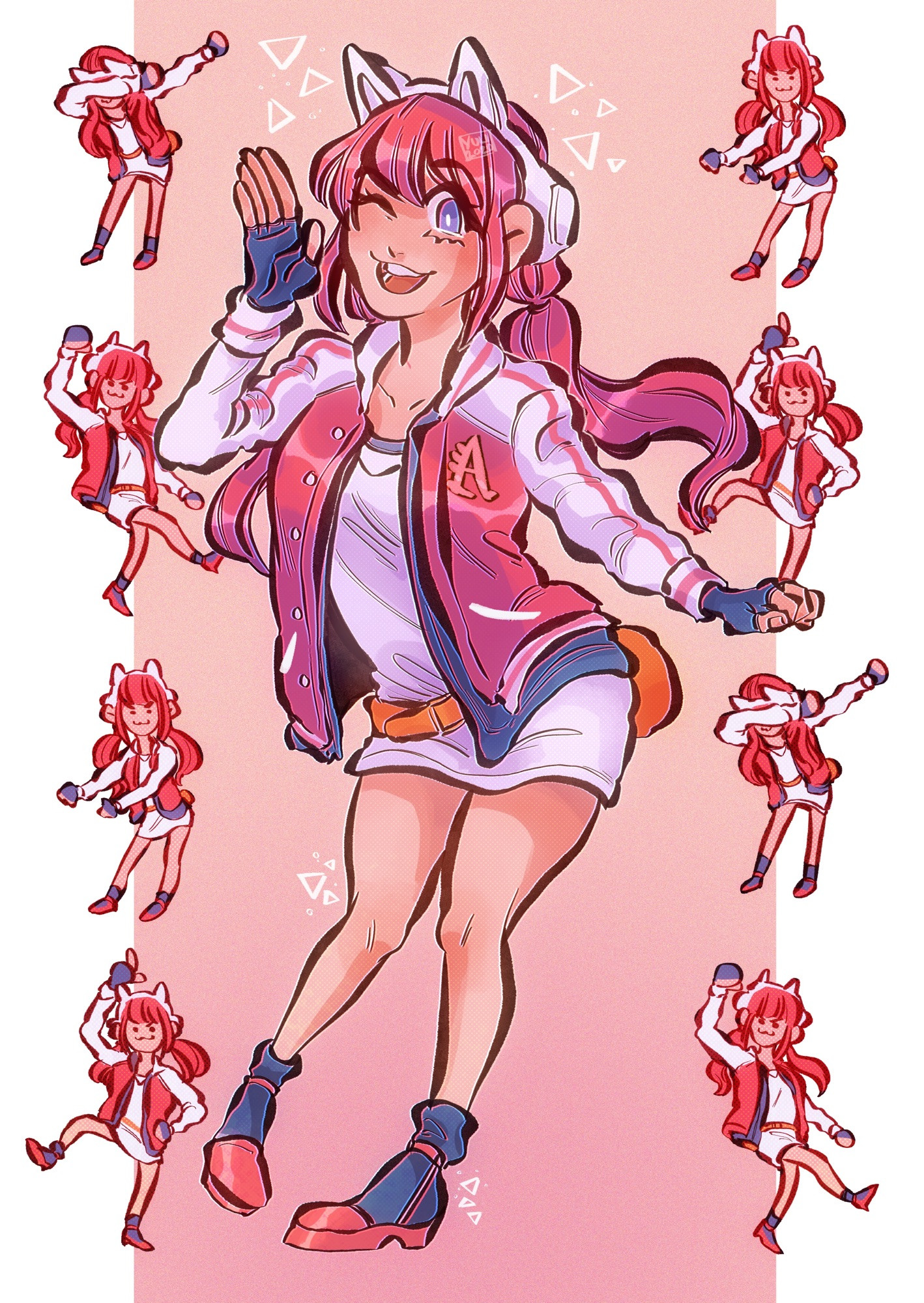 Iris Sagan from AI the somnium files in a cheery pose and a smile, with tiny chibi versions of herself on the sides doing various Fortnite dances