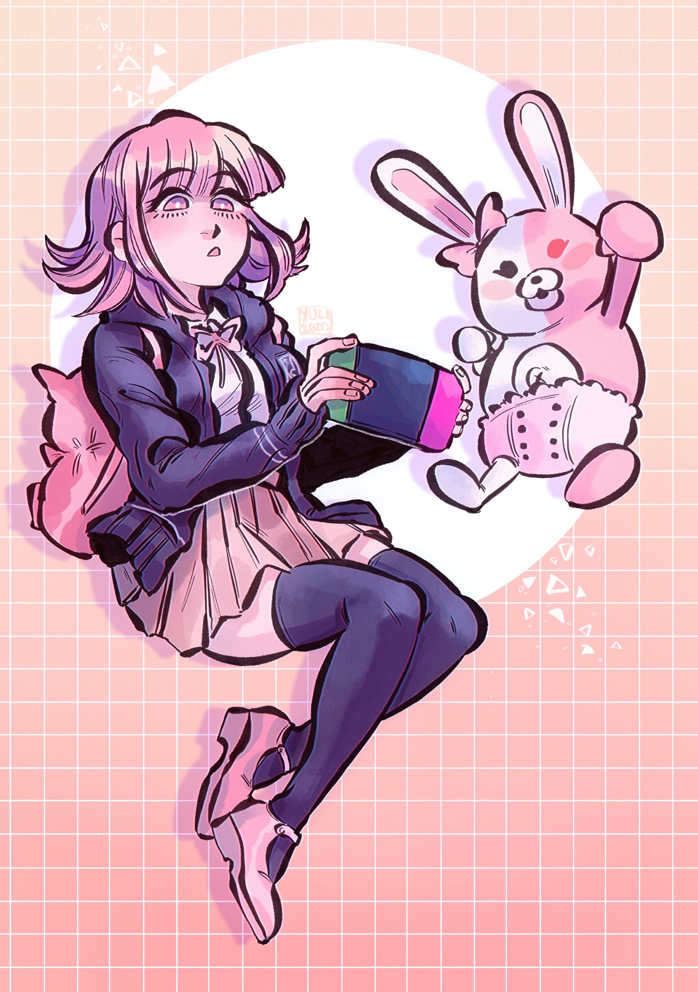 Chiaki Nanami and Monomi from Super Danganronpa 2 in bright colors, with chiaki playing games on her switch