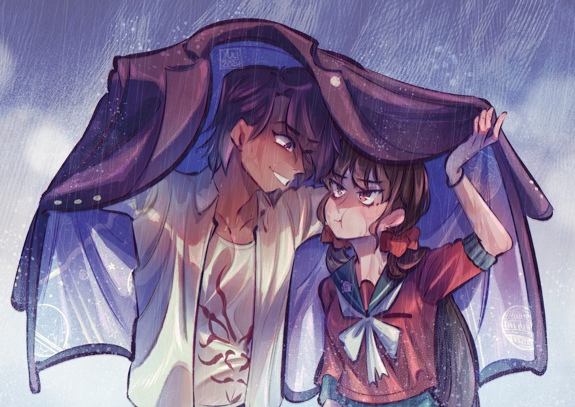 Kaito momota and maki Harukawa from Danganronpa V3 under kaito’s galaxy coat as it rains, both drenched from the rain with kaito giving a carefree smile while maki pouts.