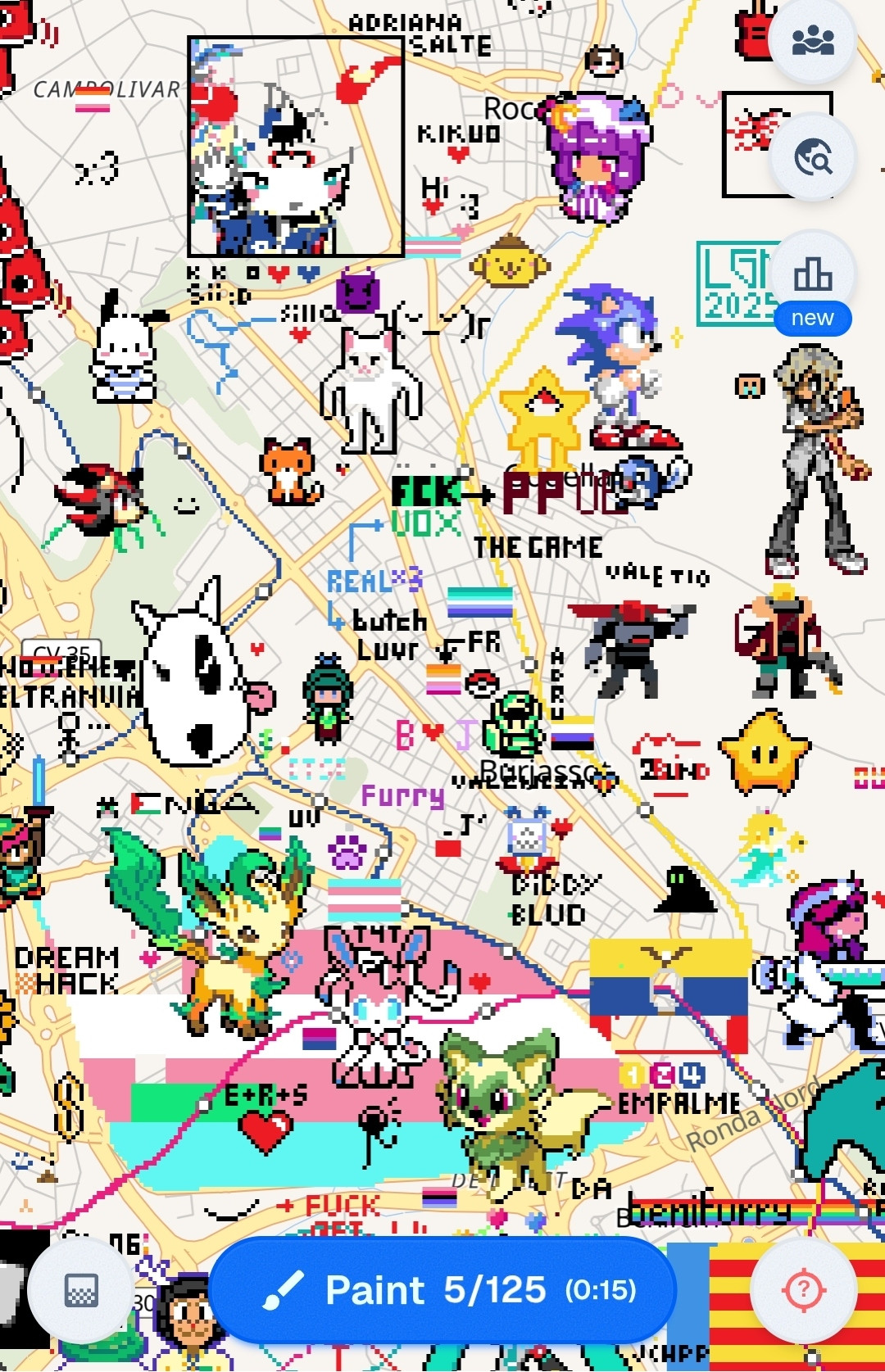 Screenshot de mi pueblo Wplace, una web en la que la gente puede pintar con pixelitos sobre el mapa del mundo