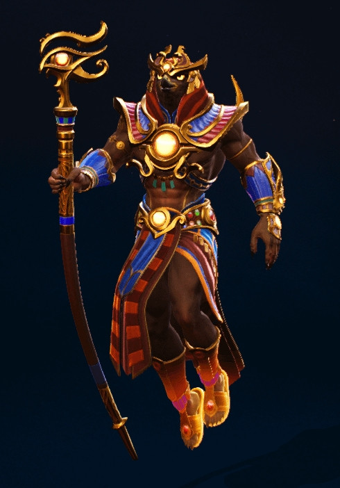 Imagen del modelo 3D de Ra en el videojuego Smite.

Su traje está adornado con colores naranjas, rojos y azules así como ornamentaciones doradas.