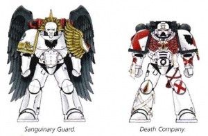 Arte de dos Marines Espaciales del capítulo de los Angels Encarmine. El de la izquierda porta la armadura de la Guardia Sanguinaria y el de la derecha porta una armadura Mark 7 con marcas de la Compañía de la muerte. Ambas armaduras están pintadas principalmente de blanco.

La armadura del marine de la Guardia Sanguinaria destaca por estar extremadamente ornamentada. La parte de la armadura que cubre el torso está moldeada para simular un pecho musculado. A su vez el casco simula una cara humana como la de una escultura coronada por una aureola dorada. La mochila de propulsión es de color rojo, decorada con alerones en forma de alas de ángel en color negro.

El marine de la compañía de la muerte tiene  su mochila y los bordes de sus hombreras de color negro y la aquila de color rojo carmesí para contrastar con el blanco de la armadura. Cruces en forma de "equis" de color rojo están en distintas placas de la armadura para marcar al marine como un miembro de la Compañía de la Muerte.
