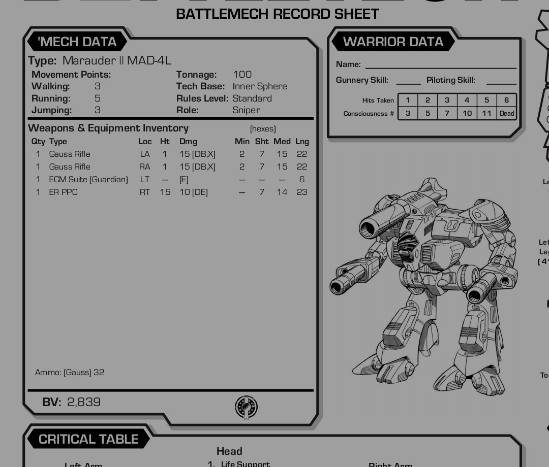 Captura de un fragmento de la hoja de datos del Marauder Dos en su variante "Eme A De Cuatro Ele".

La captura de pantalla hace énfasis en el equipamiento del mecha, siendo este:

- Brazo Izquierdo: Rifle Gauss 
- Brazo Derecho: Rifle Gauss 
- Torso Izquierdo: "E Ce Eme"
- Torso Derecho: "Pe Pe Cé" de rango extendido