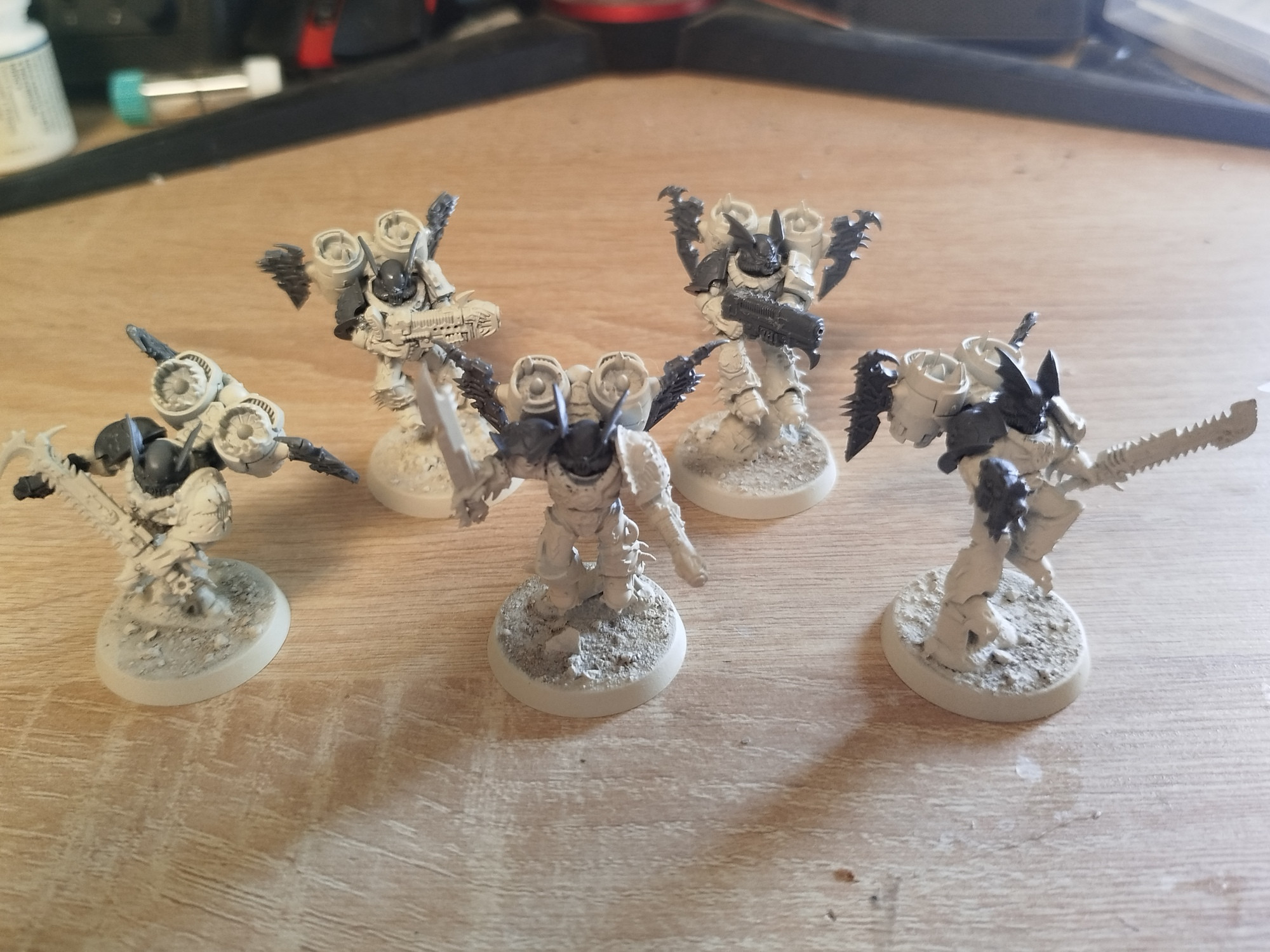 Foto de las cinco miniaturas de Rapaxes tras las modificaciones. Se diferencian las partes que han cambiado porque el plástico estaba imprimado en blanco y las nuevas piezas aún se ven de plástico gris.

Los Rapaxes se ven como marines del caos  con jetpacks y ornamentaciones en forma de rayos cubriendo su armadura.

El líder de la unidad va armado con una espada de energía y una pistola de plasma. Dos de los Rapaxes van equipados con pistola bólter y espada sierra, mientras que los otros dos Rapaxes llevan rifles de plasma.

Tras las modificaciones ahora llevan cascos del kit de mejora de amos de la noche, que destacan por estar estilizados con la forma de un cráneo con alas de murciélago sobre las orejas. También llevan hombreras de ese kit que tienen de emblema una calavera entre dos alas de murciélago. Finalmente, a todos los jetpacks se les han añadido alerones adicionales.