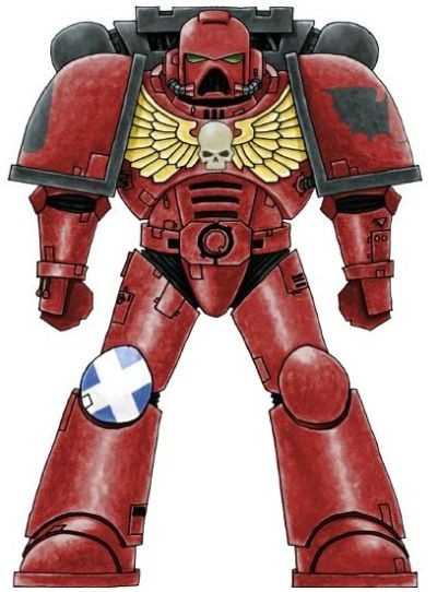 Arte de un marine espacial de los Angels Encarmine en armadura Mark 7

La armadura está pintada en su gran mayoría de rojo carmesí, excepto por la mochila y los bordes de la hombrera, que son de color negro. El Aquila del pecho es de color Amarillo.