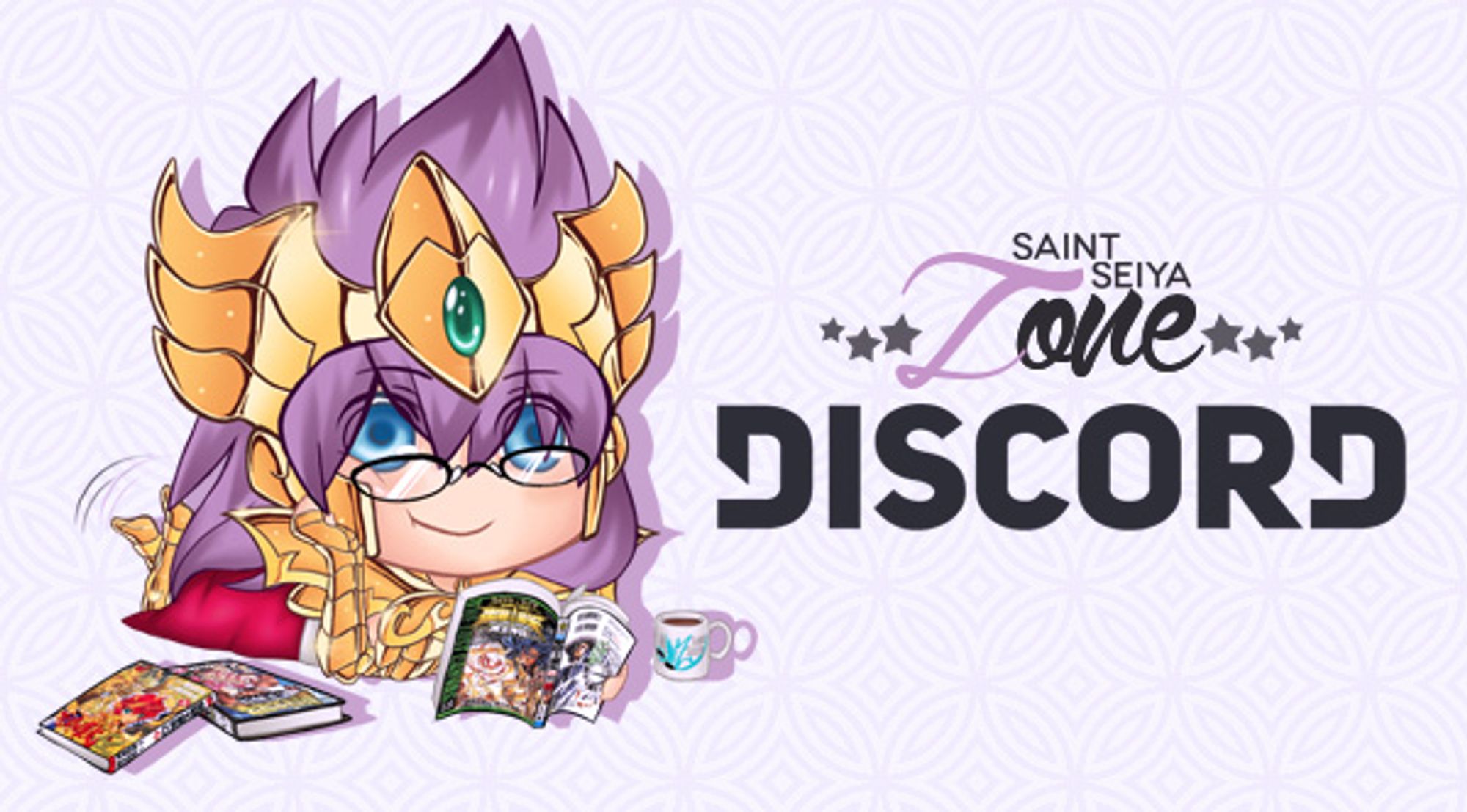 A digital flyer with our mascot Junini Zoni reading some of the Saint Seiya mangas, and text that reads "Saint Seiya Zone Discord"