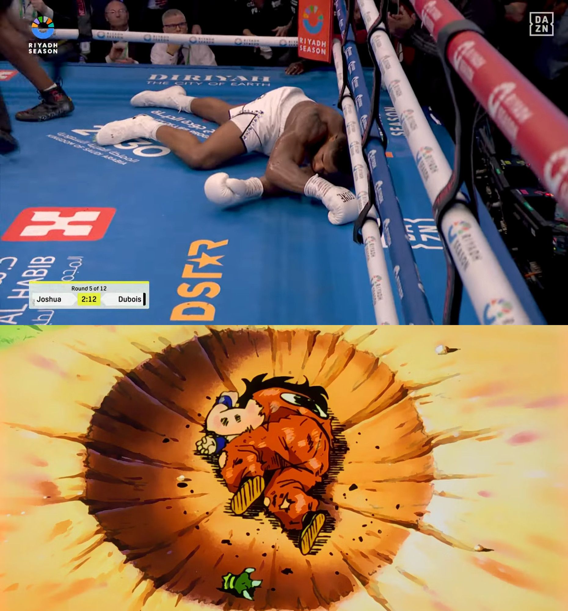 an OC boxing 🥊 meme where the top picture is a screenshot of Anthony Joshua (who just got knocked out by Daniel Dubois) laying on the canvas, and below is an image of Yamcha from the Dragon Ball Z anime after he got blown up by a Saibaman and is lying in a crater