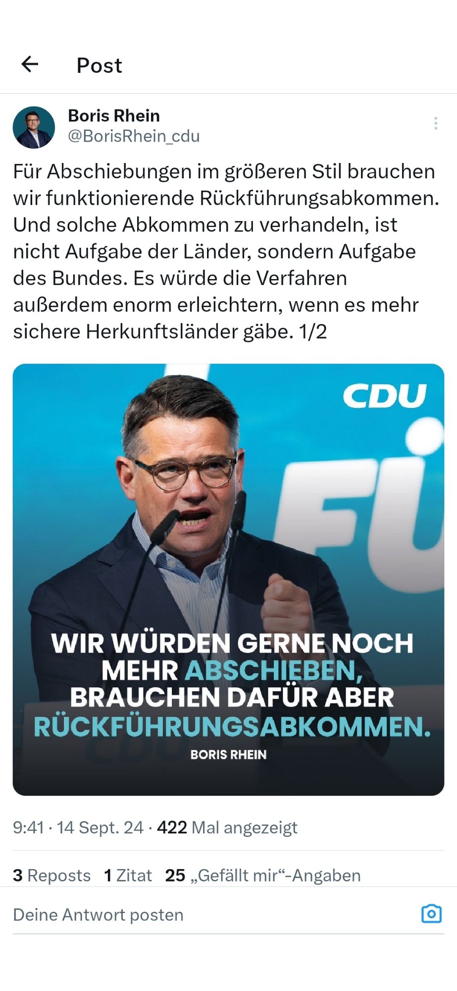 Screenshot von Post auf Twitter von  Boris Rhein:

Text:
"Für Abschiebungen im größeren Stil brauchen wir funktionierende Rückführungsabkommen. Und solche Abkommen zu verhandeln, ist nicht Aufgabe der Länder, sondern Aufgabe des Bundes. Es würde die Verfahren außerdem enorm erleichtern, wenn es mehr sichere Herkunftsländer gäbe."

Darunter Sharepic mit Zitat:
"Wir würden gerne noch mehr abschieben, brauchen dafür aber Rückführungsabkommen".