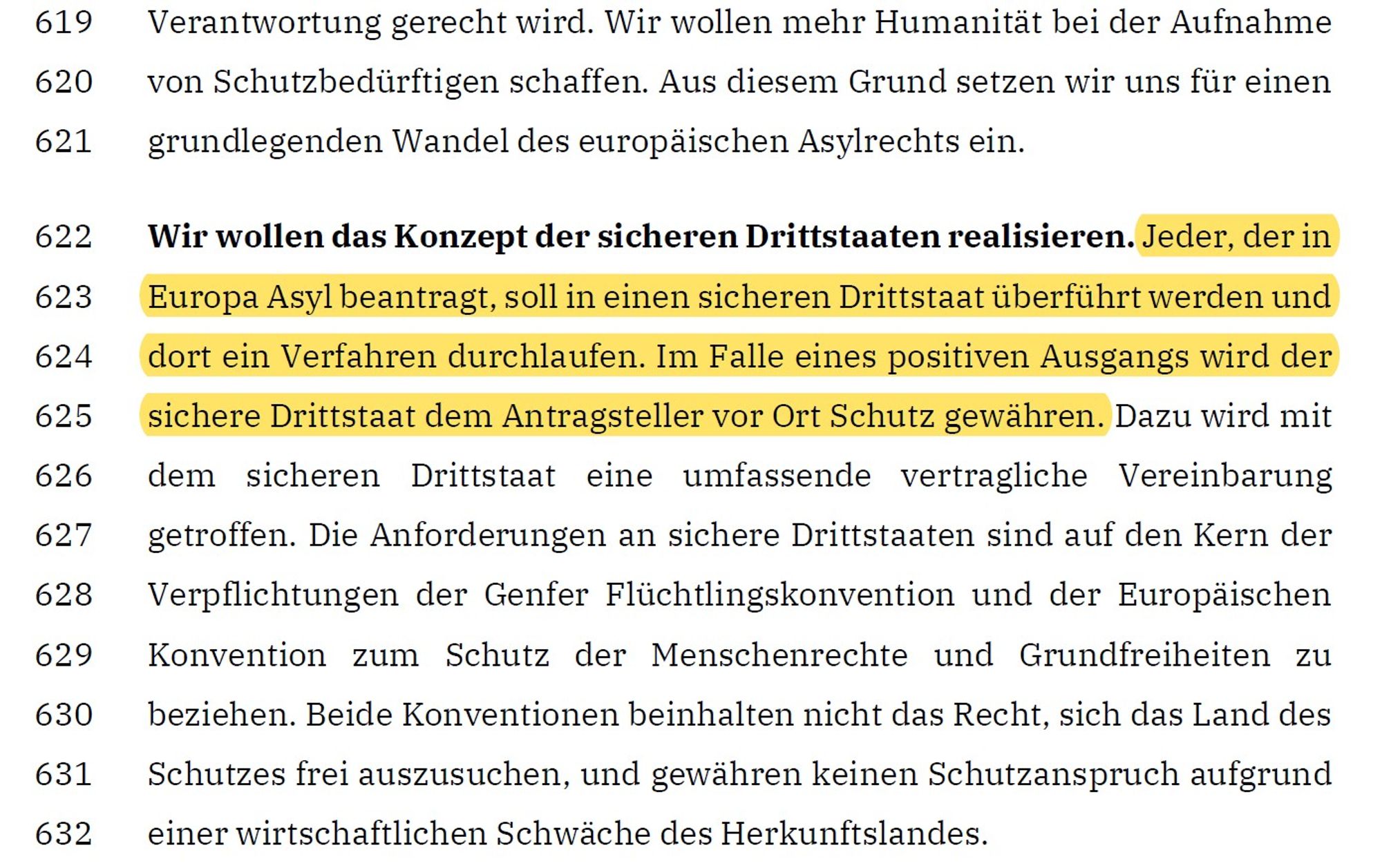 Ausschnitt aus dem CDU-Grundsatzprogramm:
Wir wollen das Konzept der sicheren Drittstaaten realisieren. Jeder, der in Europa Asyl beantragt, soll in einen sicheren Drittstaat überführt werden und dort ein Verfahren durchlaufen. Im Falle eines positiven Ausgangs wird der sichere Drittstaat dem Antragsteller vor Ort Schutz gewähren.