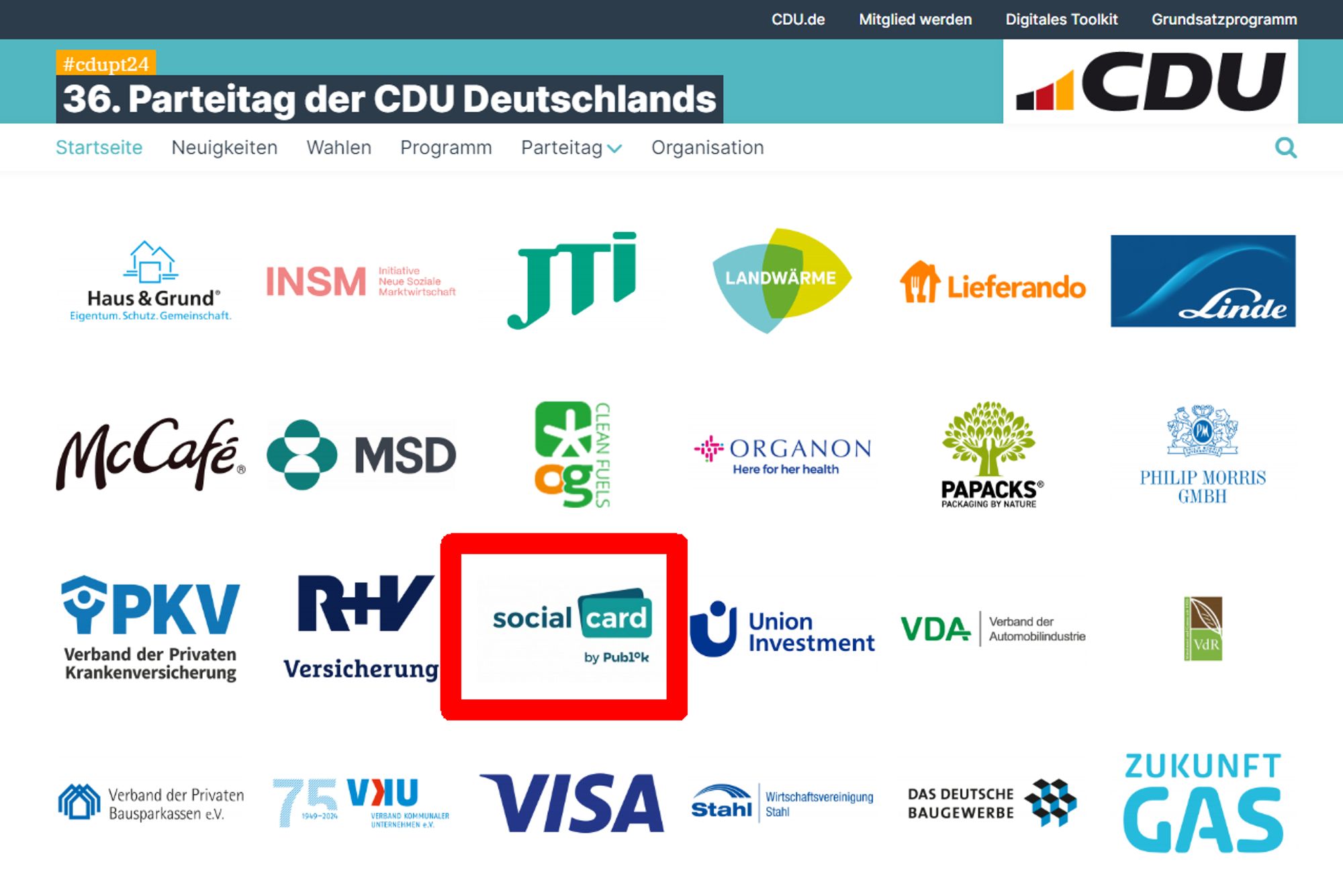 Screenshot der Liste der Sponsoren des letzten CDU-Parteitags im Mai. Neben dem Verband der Privaten Krankenversicherung, der Initiative Neue Soziale Marktwirtschaft, "Zukunft Gas" und anderen wurde der Parteitag von SocialCard gesponsort.