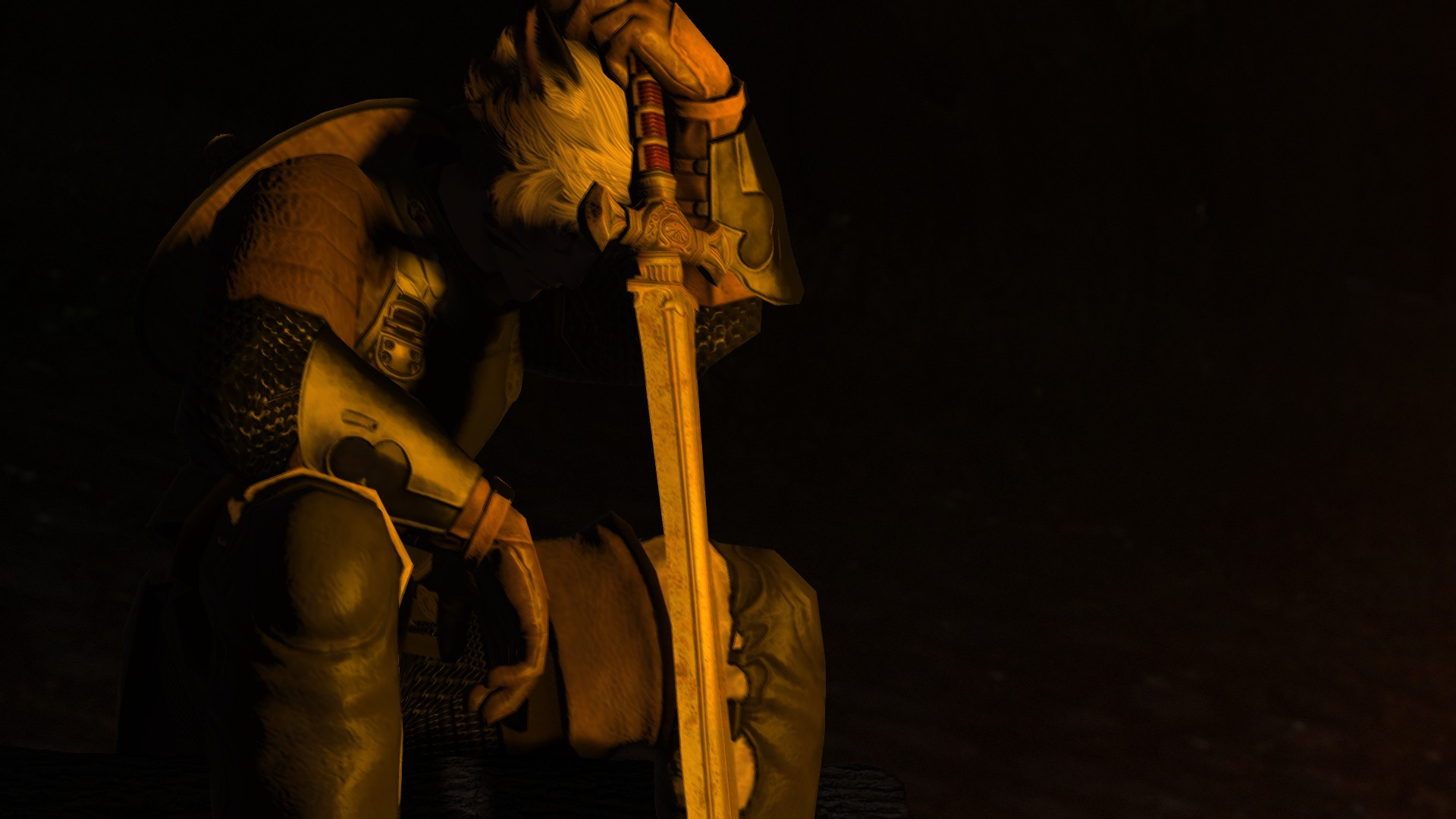 A simply-armored Keeper man sits on a log under cover of night. The man is slumped over, with his word in the ground and his head against the hilt. He is lit by a nearby fire, but the guard of his sword shadows his tired face.