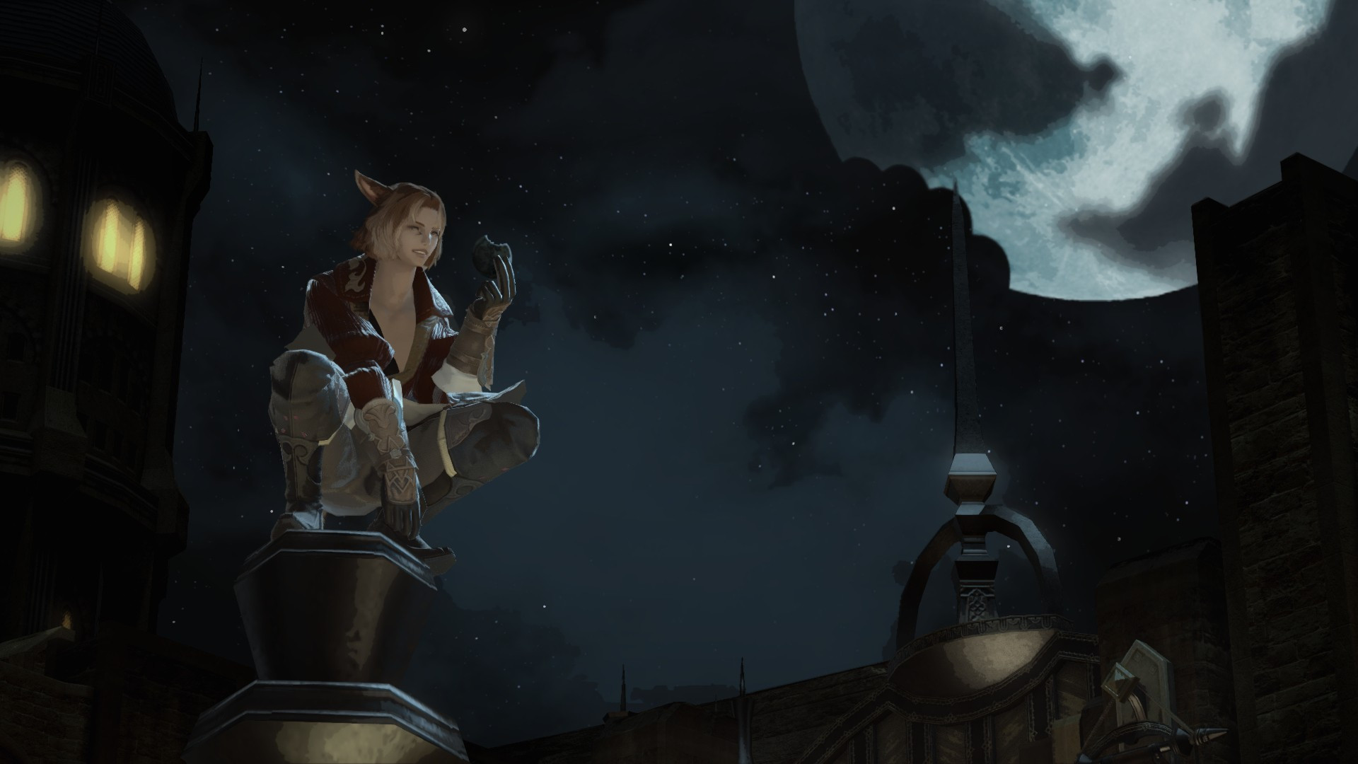 A ginger-haired Keeper of the Moon miqo'te stands perched atop a streetlight, on a gloomy foggy Ul'Dahn night. The moon is particularily large. It's missing a piece from it, and he's eating a cookie with the same missing piece.