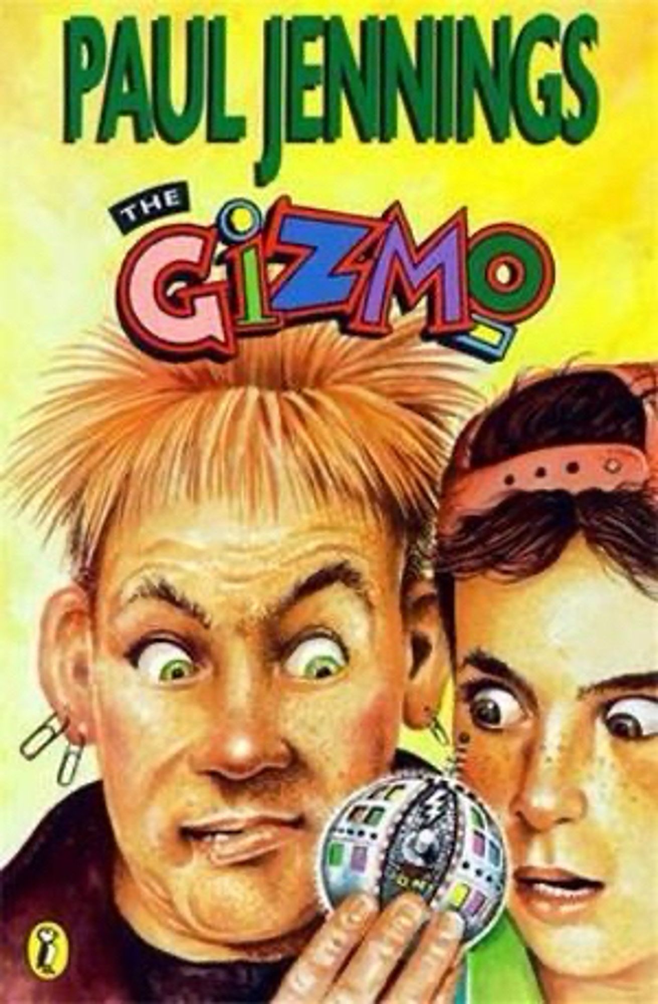 The cover of the Paul Jennings book The Gizmo, showing too punk-ish kinda kids looking a spherical gizmo