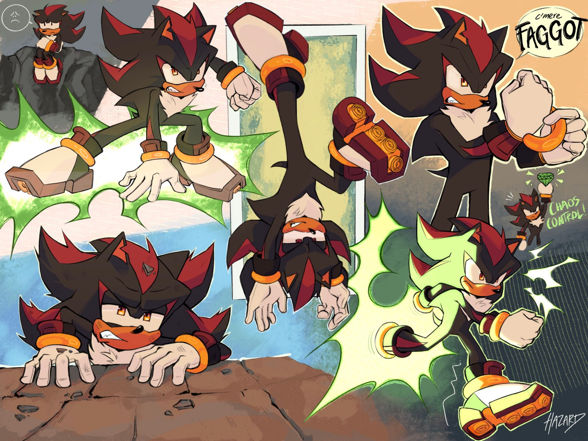 a collage of various shadow the hedgehog redraws from panels in the archie comics 