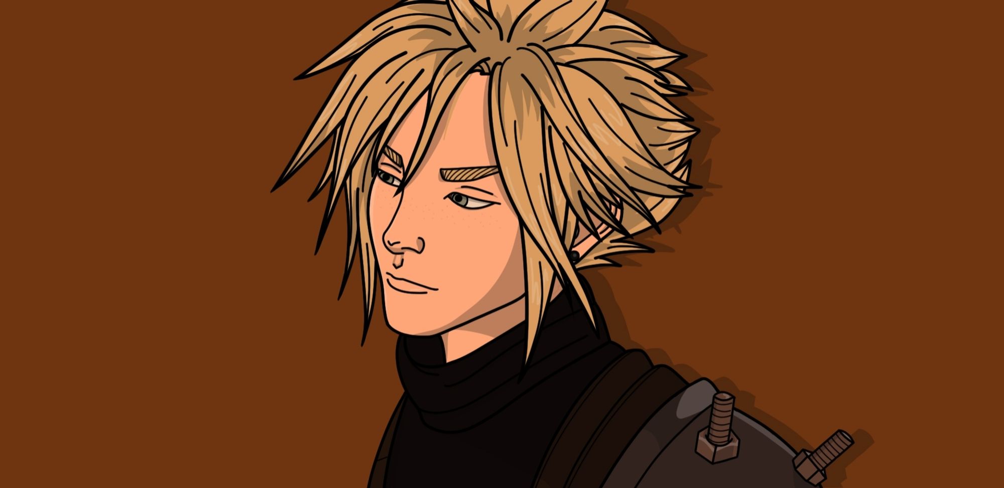 a semi-realistic redrawn still of cloud strife's small smile in the mako reactor