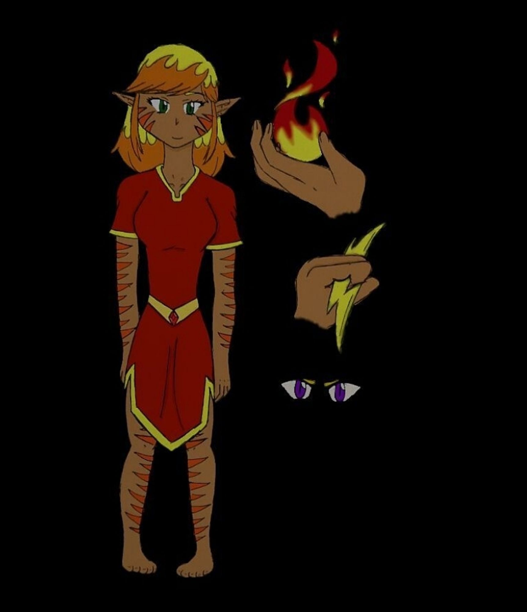 an elf woman. she has tan skin, orange stripes decorating her body, green eyes that change into violet, and blond hair with orange tips. she wears a red tunic style dress with yellow trim.