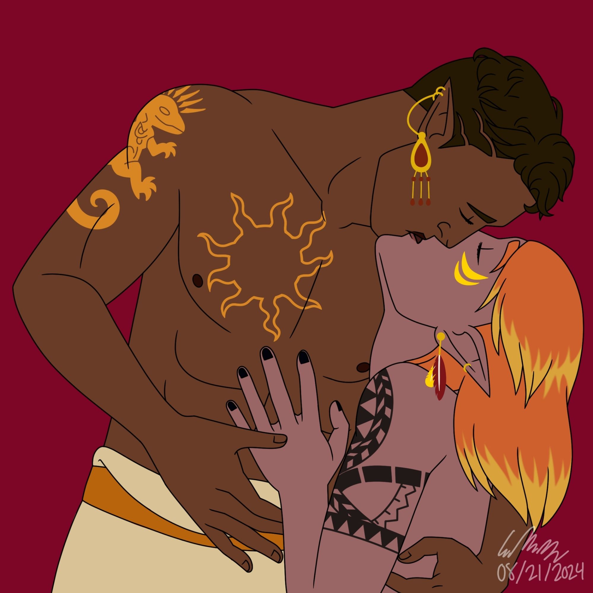 a tall djinn kissing a shorter fire genasi, both male.