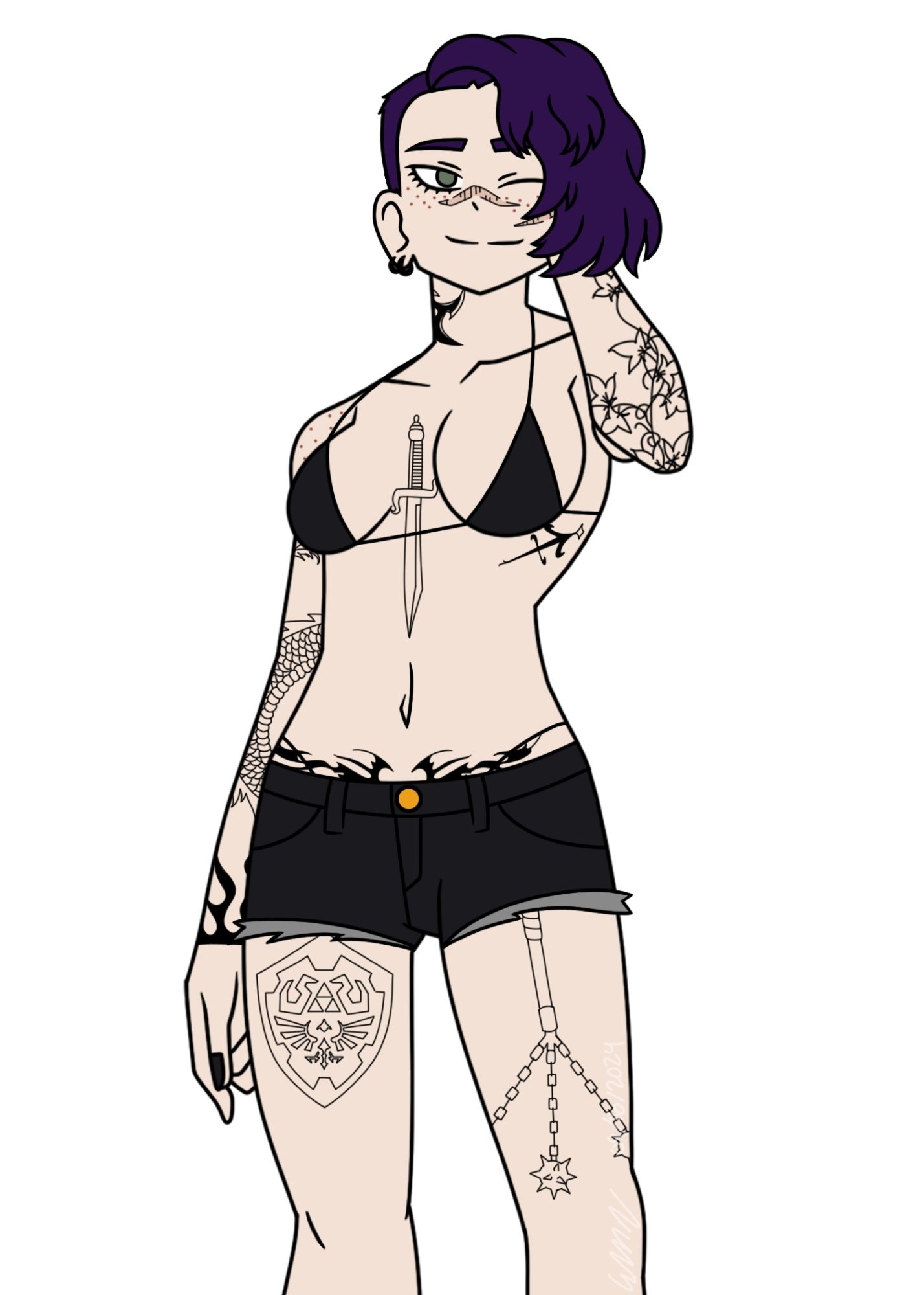 a my hero academia oc drawn in the show's style. she has a purple undercut swept to the left, freckles on her cheeks and shoulders, a couple scars on her face, and several tattoos. she dons a skimpy bikini top and short black shorts.